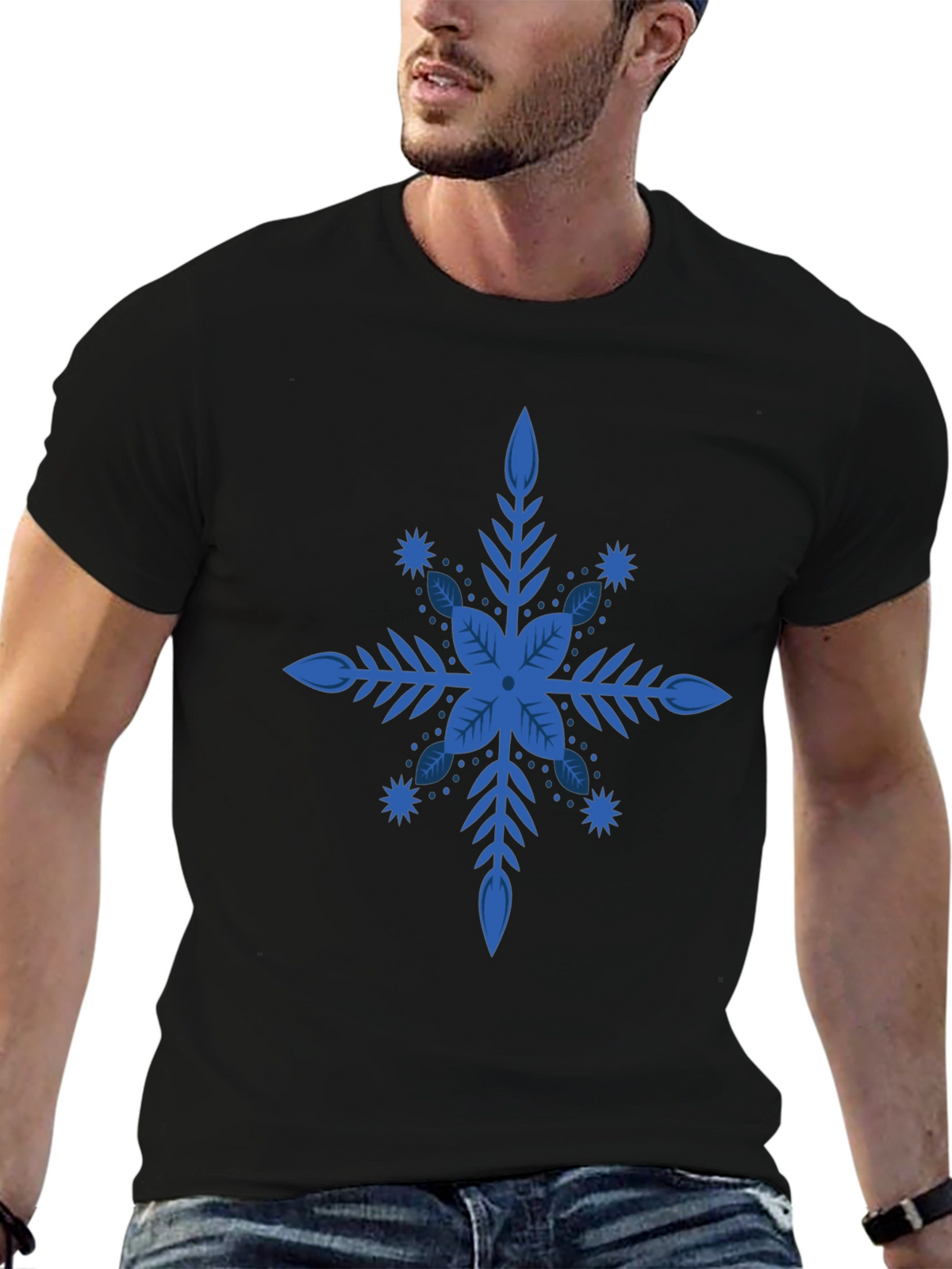 Blue Snowflake Graphic Black T-Shirt