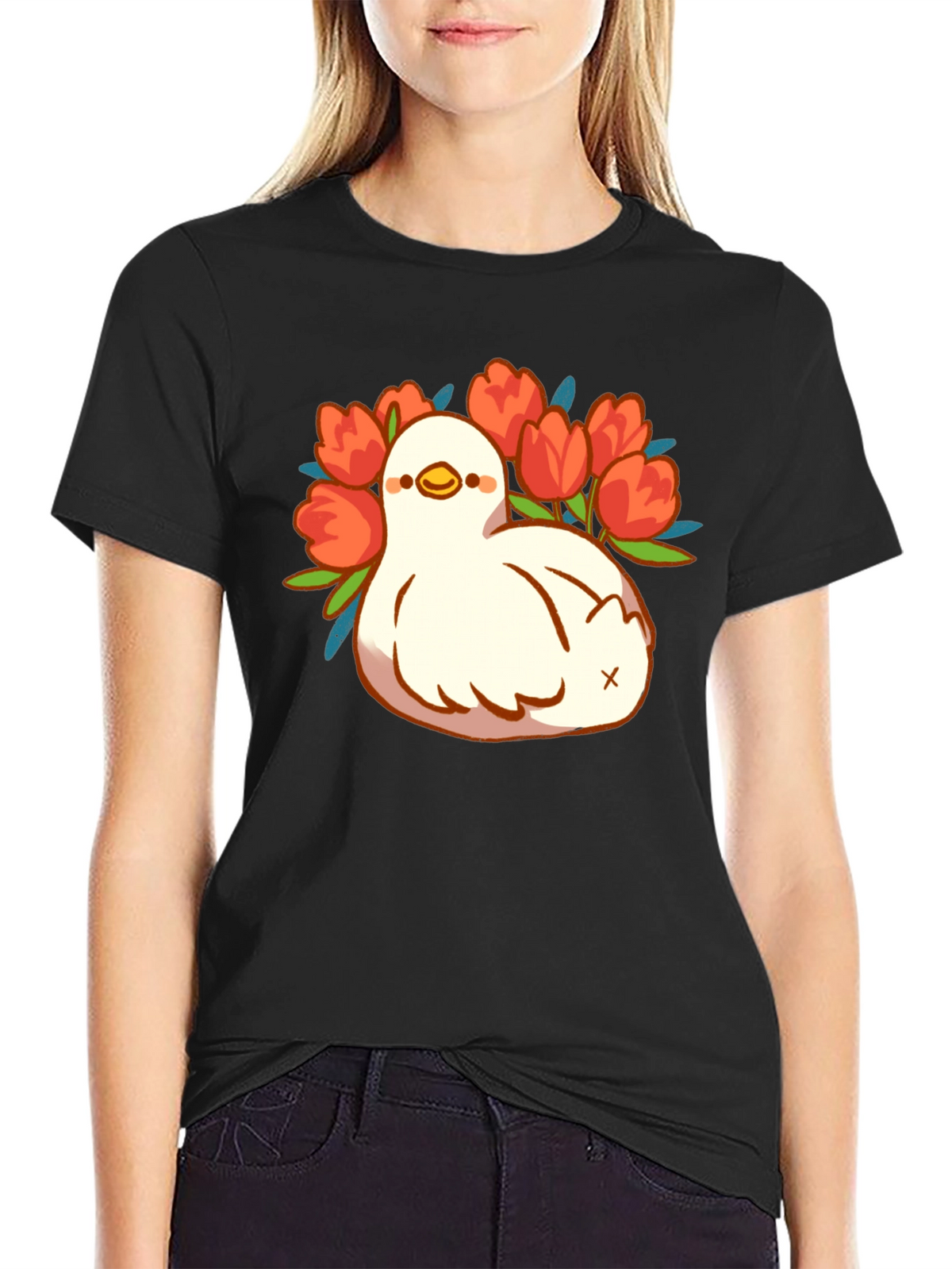 Duck and Tulips Graphic Tee - Black Unisex T-Shirt
