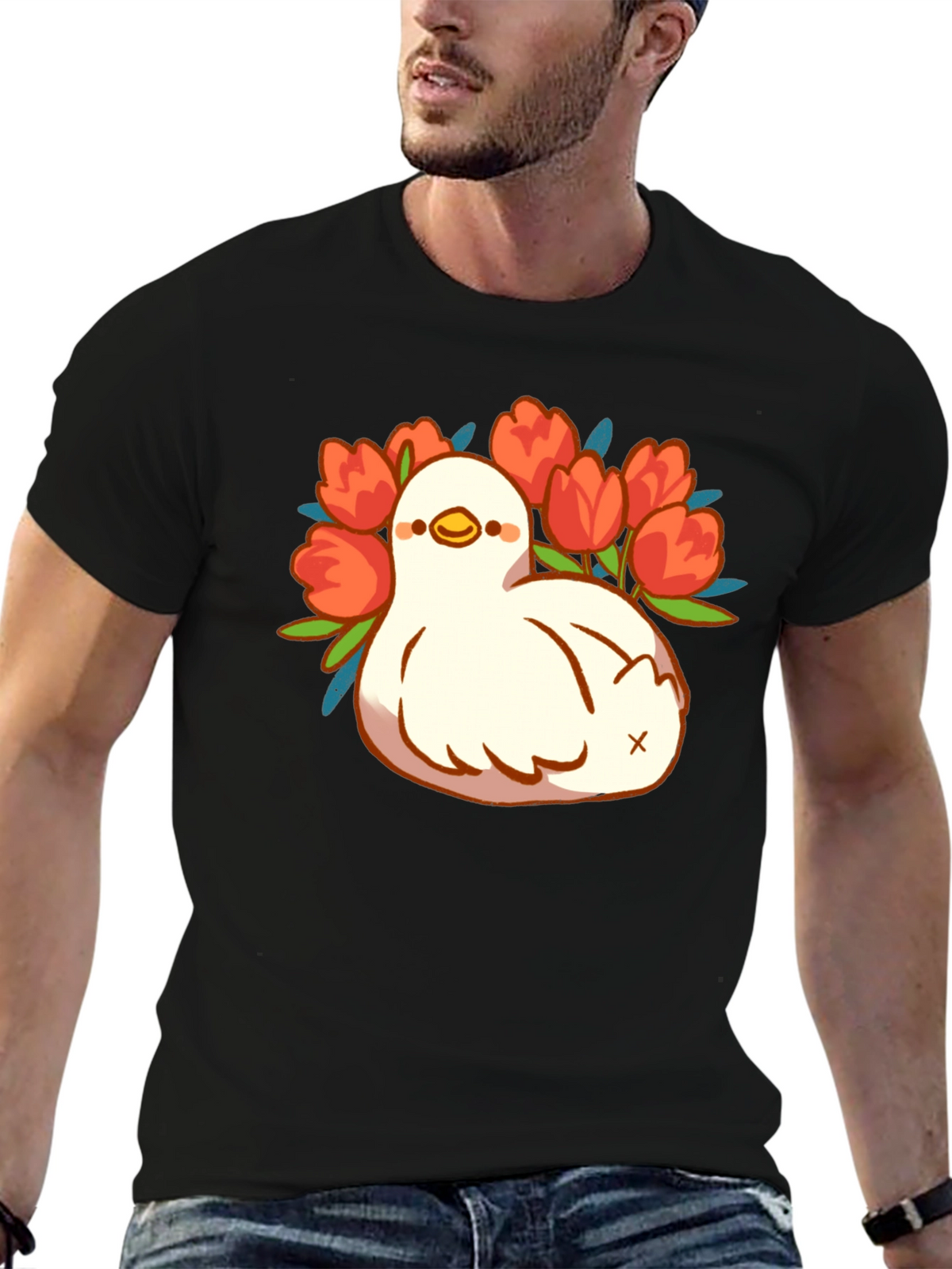 Duck and Tulips Graphic Tee - Black Unisex T-Shirt