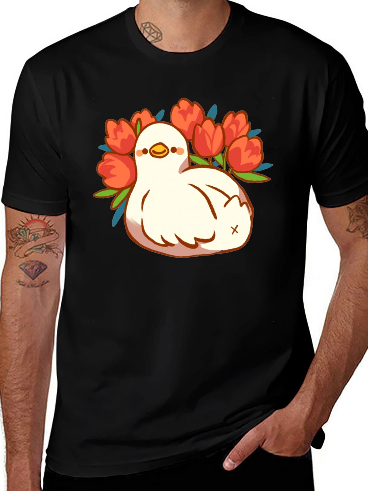 Duck and Tulips Graphic Tee - Black Unisex T-Shirt