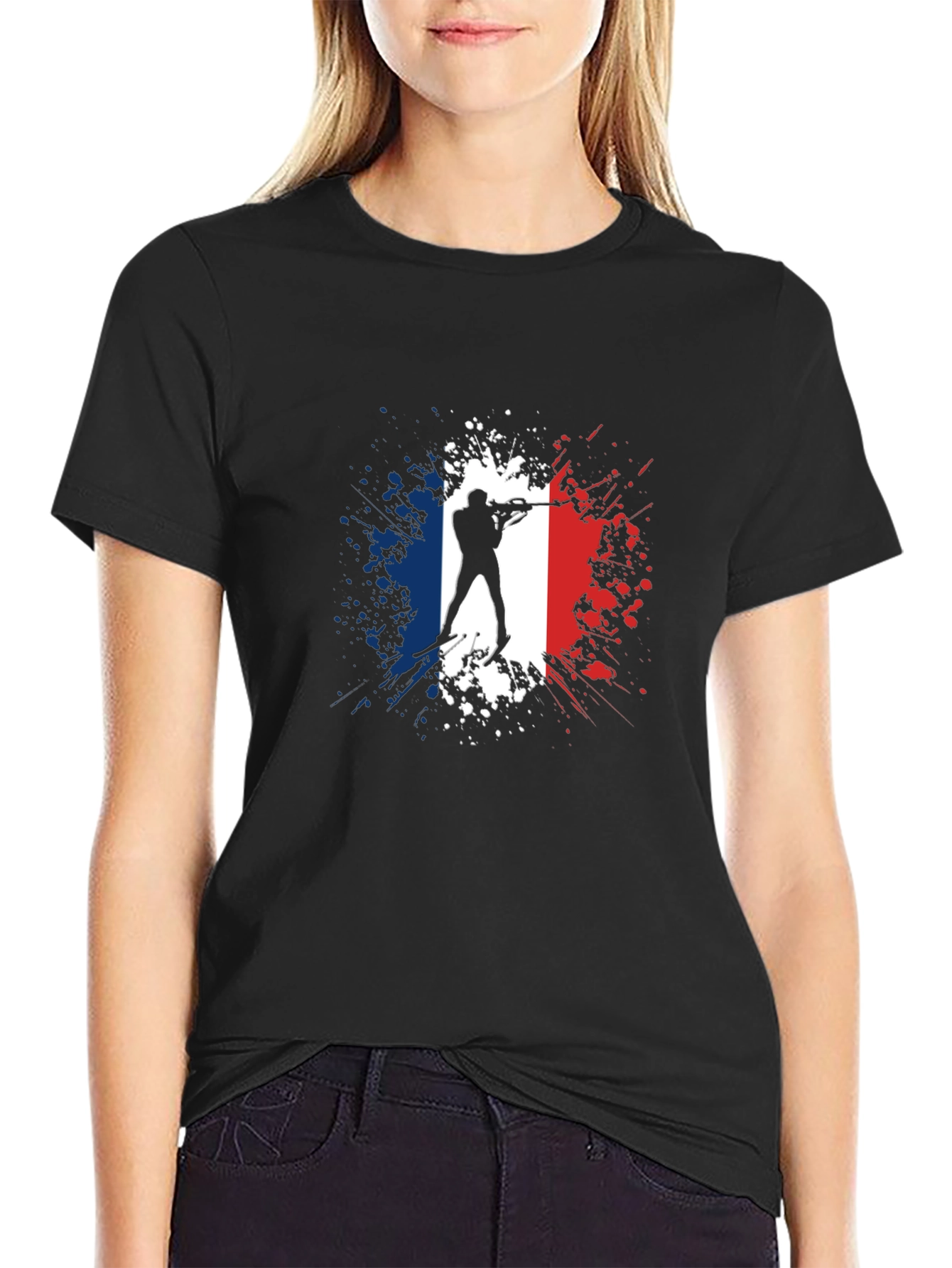 Biathlon France Flag T-Shirt - Skiing Silhouette