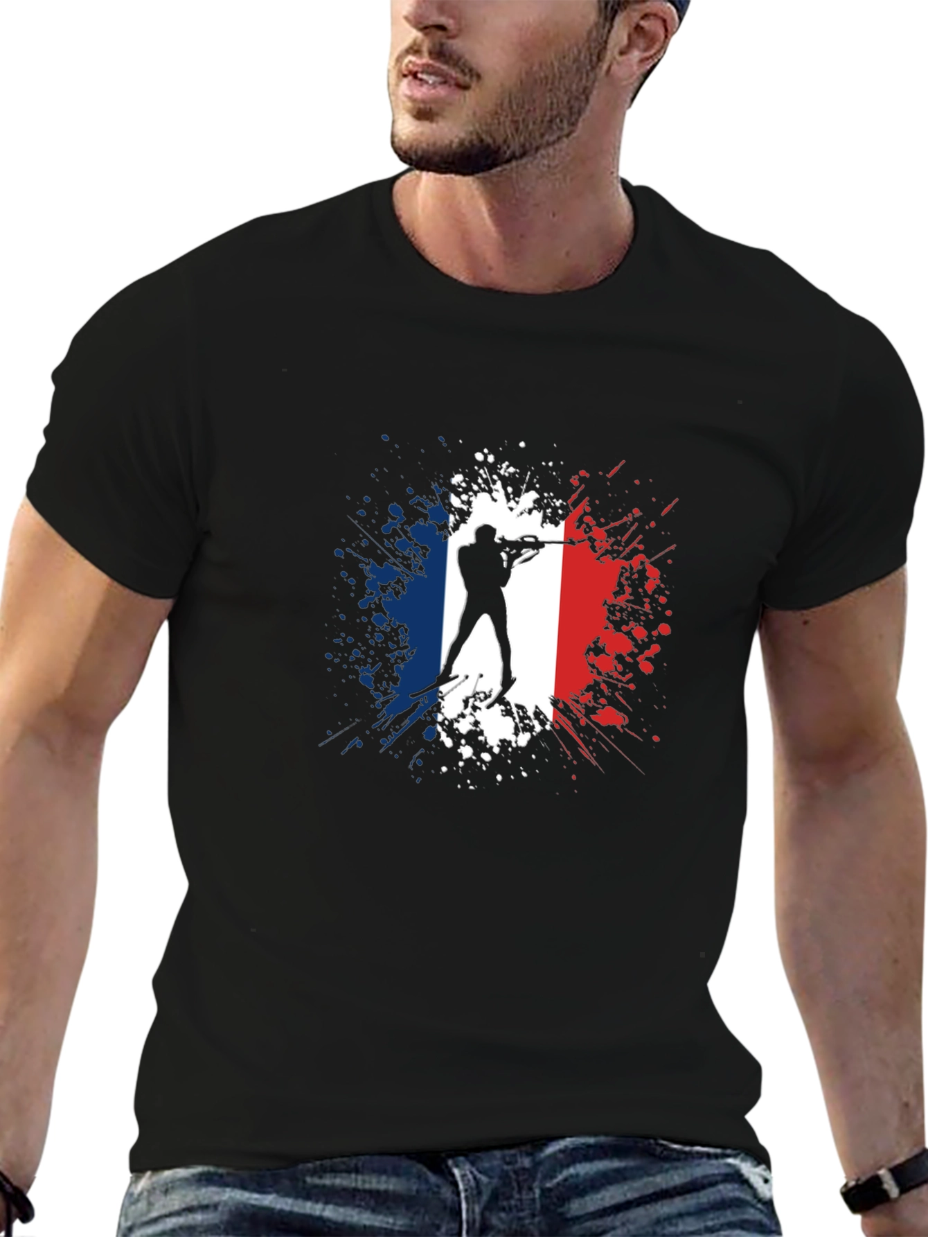 Biathlon France Flag T-Shirt - Skiing Silhouette
