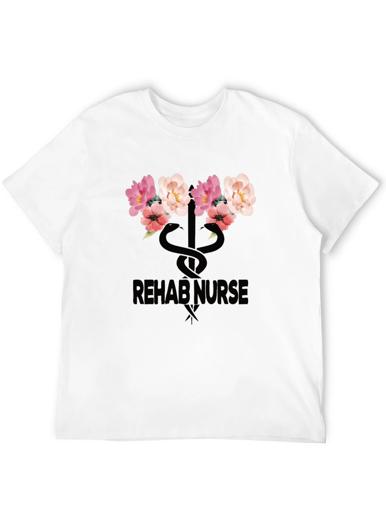 Rehab Nurse Floral Caduceus Graphic T-Shirt