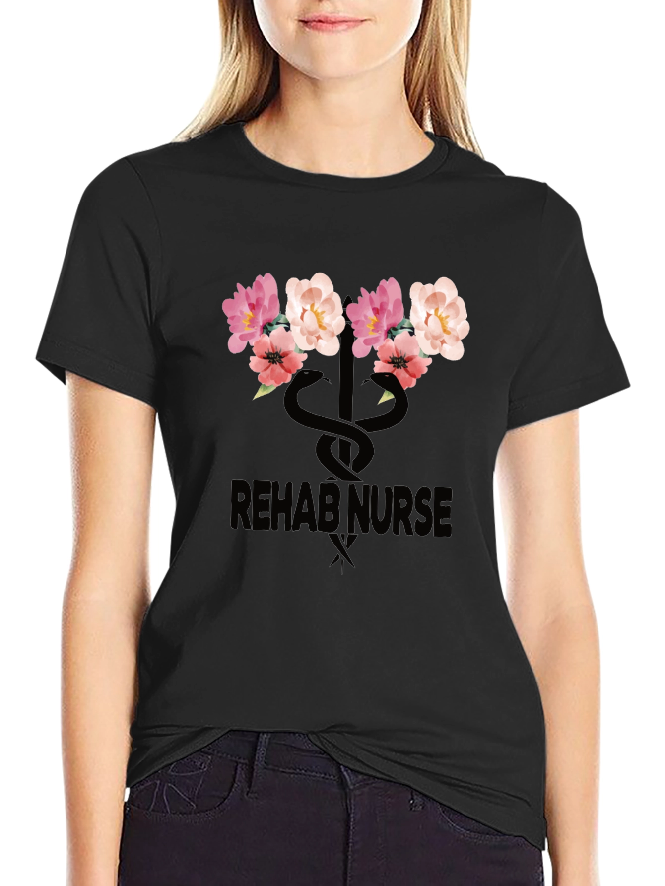 Rehab Nurse Floral Caduceus Graphic T-Shirt