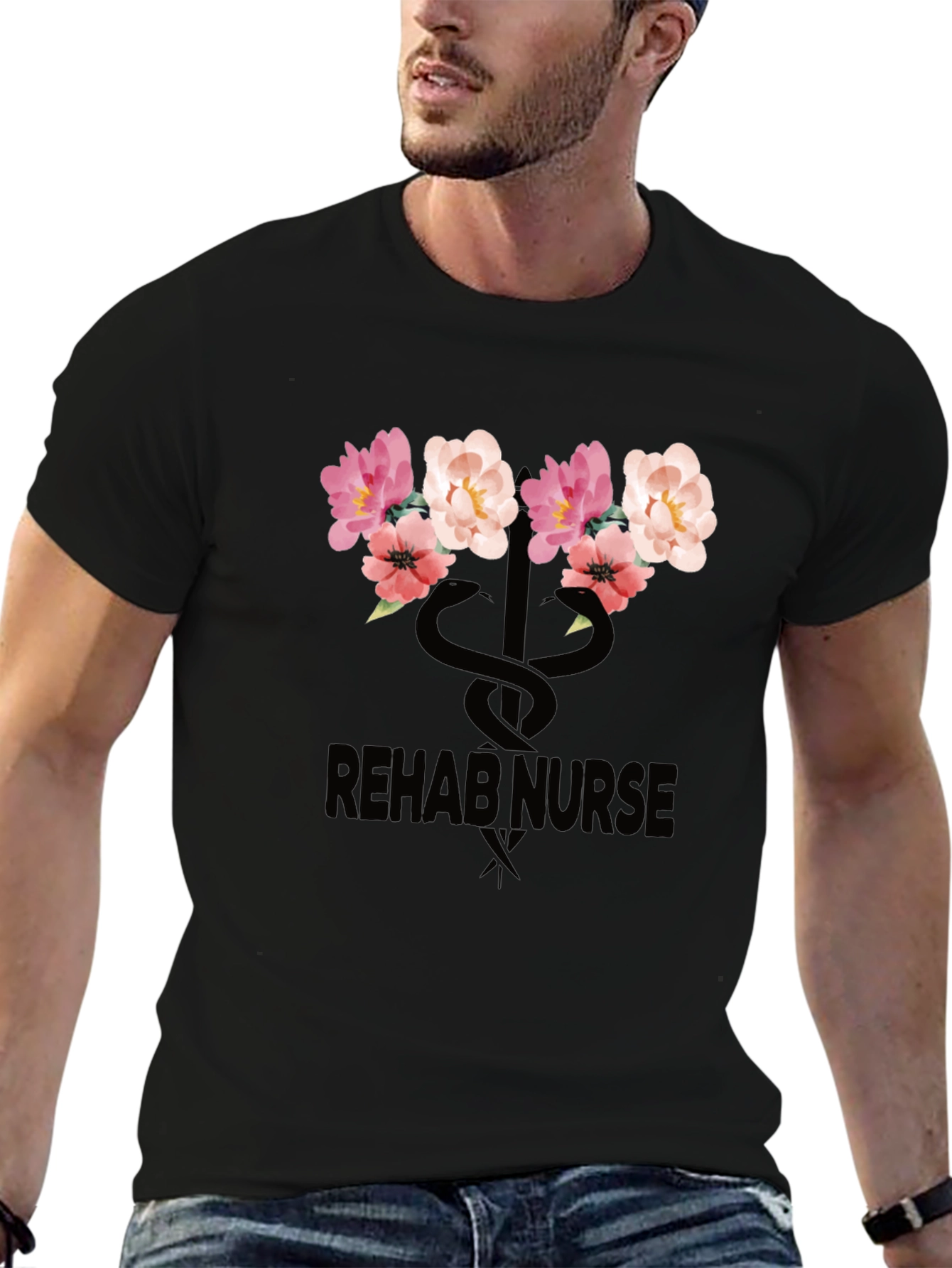 Rehab Nurse Floral Caduceus Graphic T-Shirt