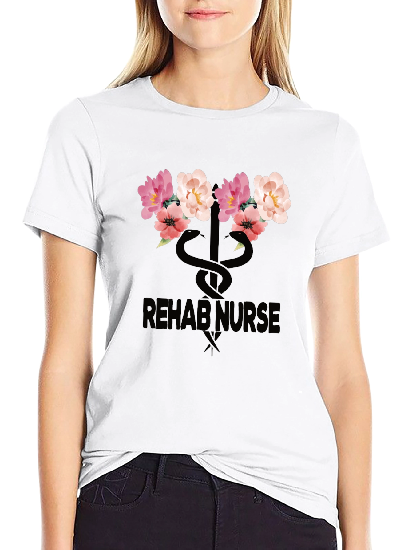 Rehab Nurse Floral Caduceus Graphic T-Shirt