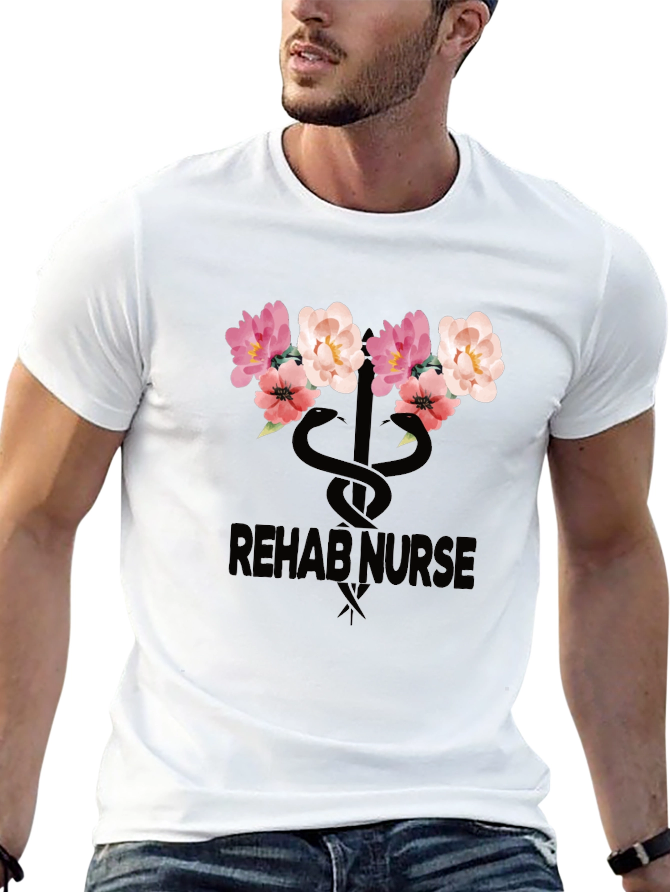 Rehab Nurse Floral Caduceus Graphic T-Shirt