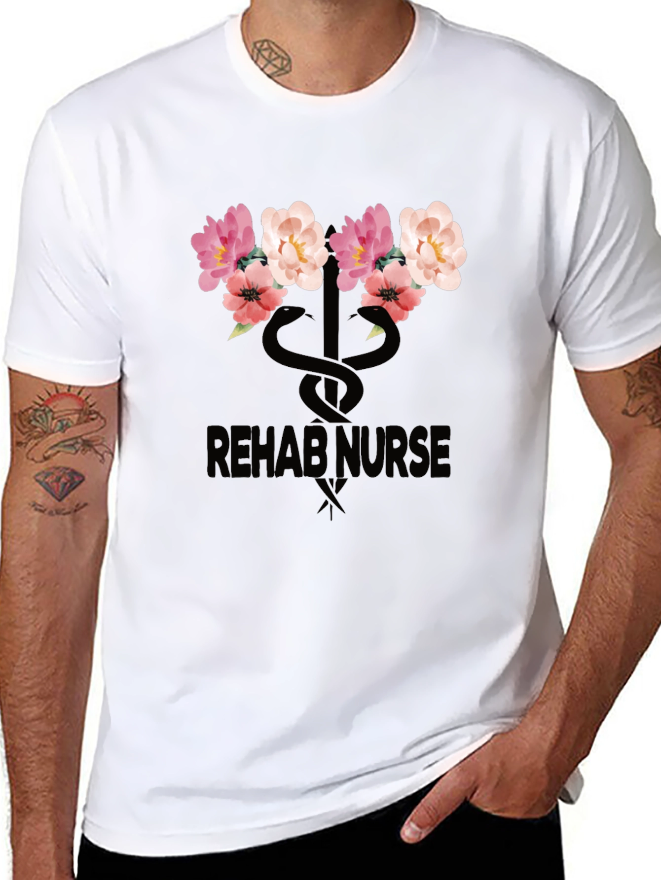 Rehab Nurse Floral Caduceus Graphic T-Shirt