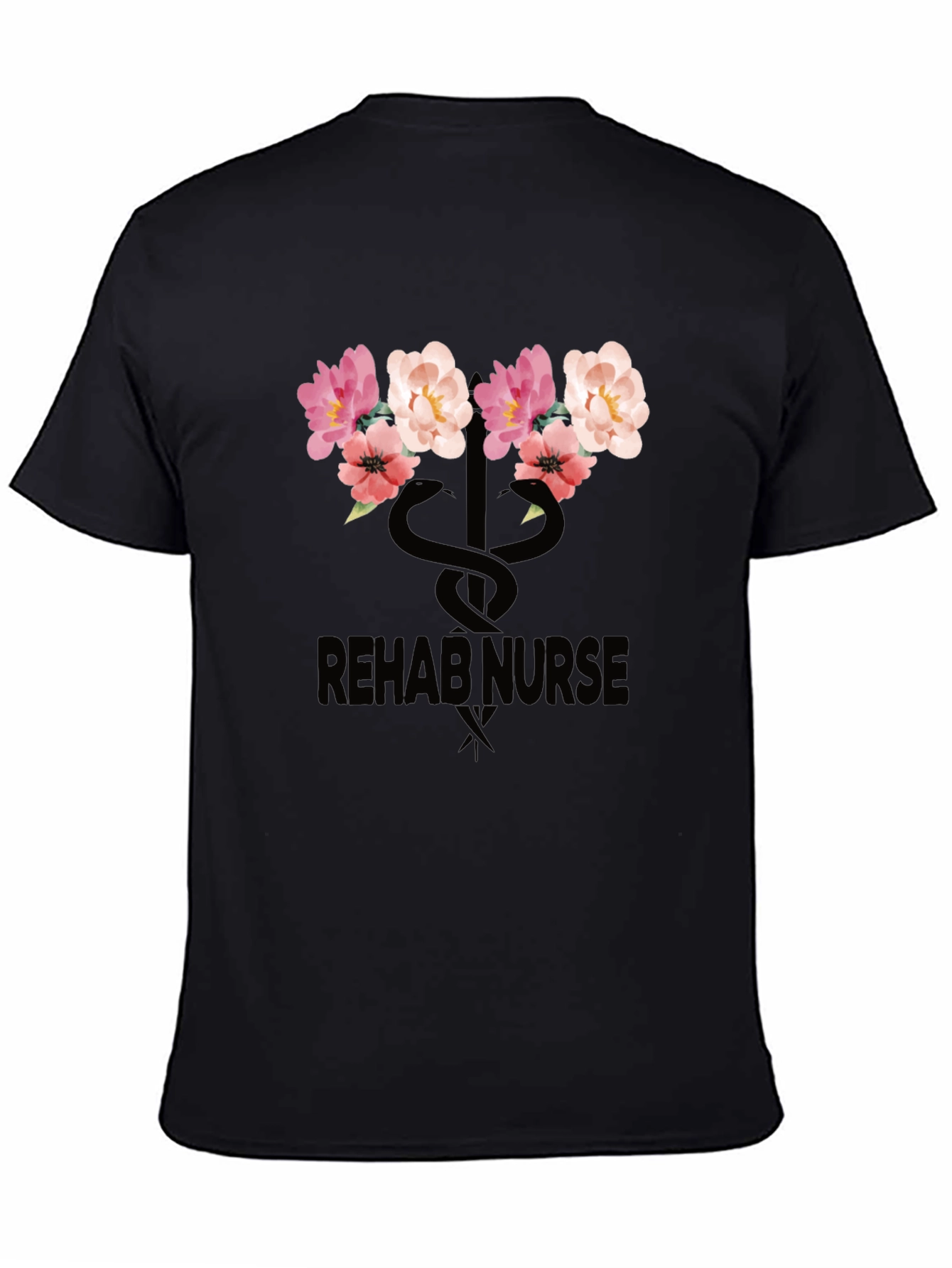 Rehab Nurse Floral Caduceus Graphic T-Shirt
