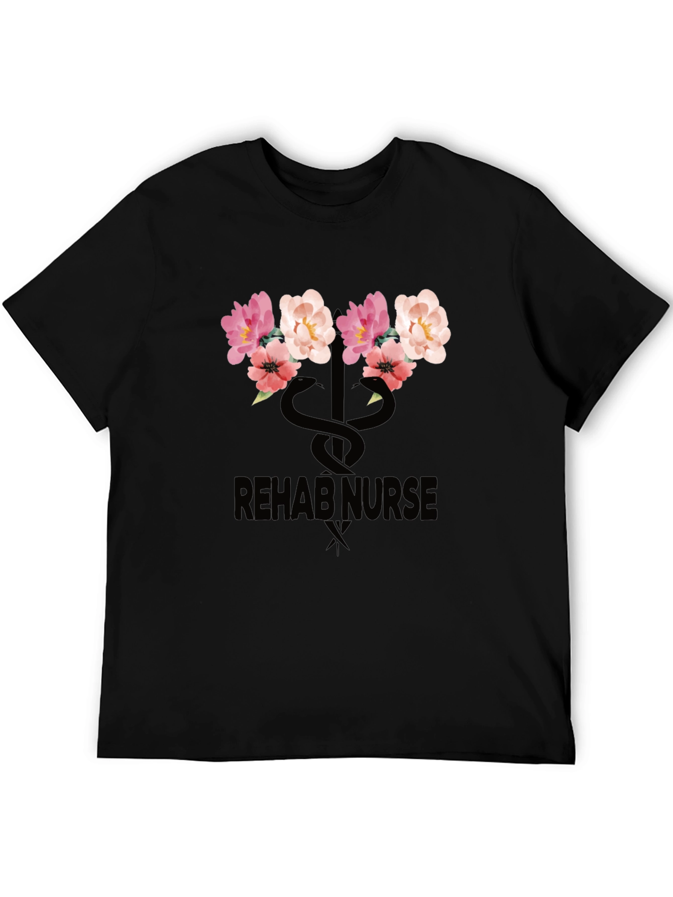 Rehab Nurse Floral Caduceus Graphic T-Shirt
