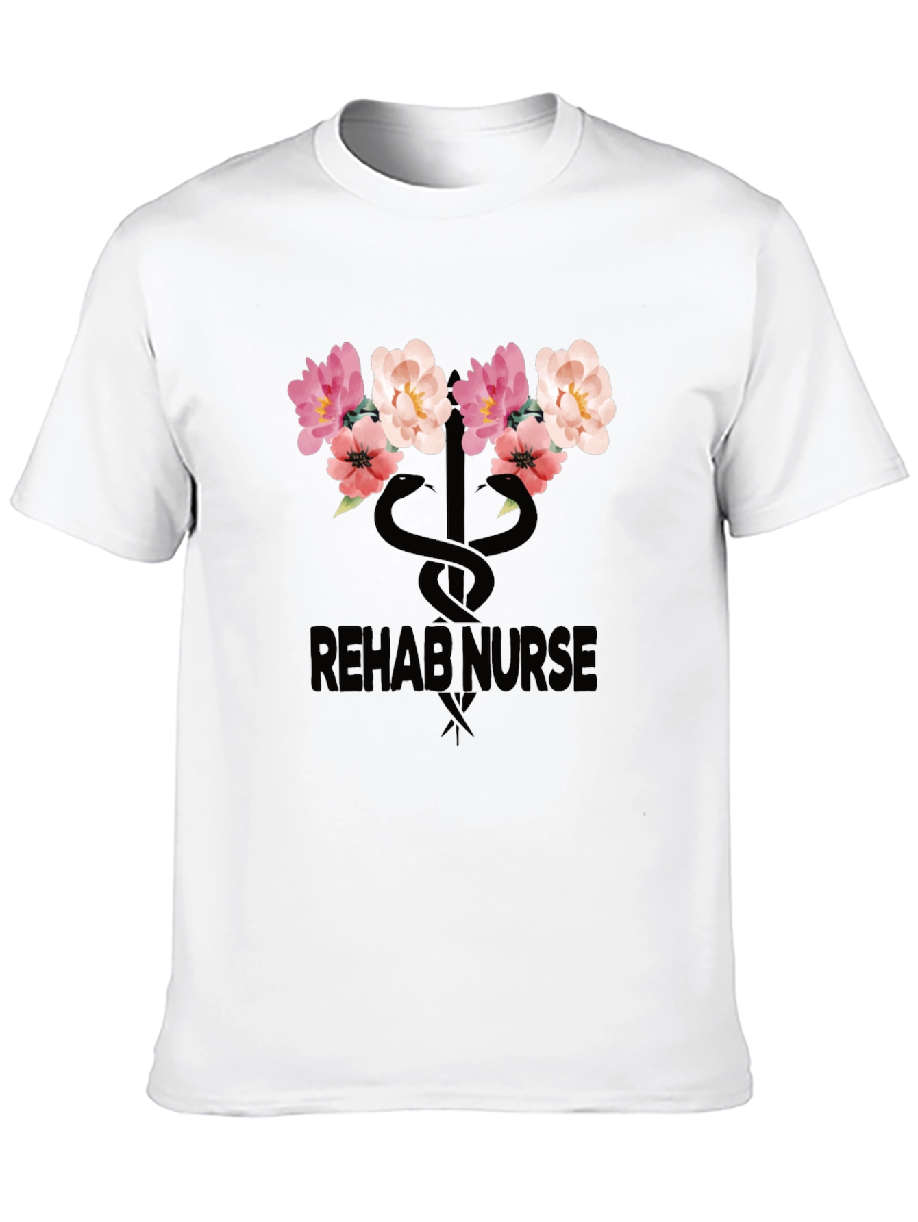 Rehab Nurse Floral Caduceus Graphic T-Shirt