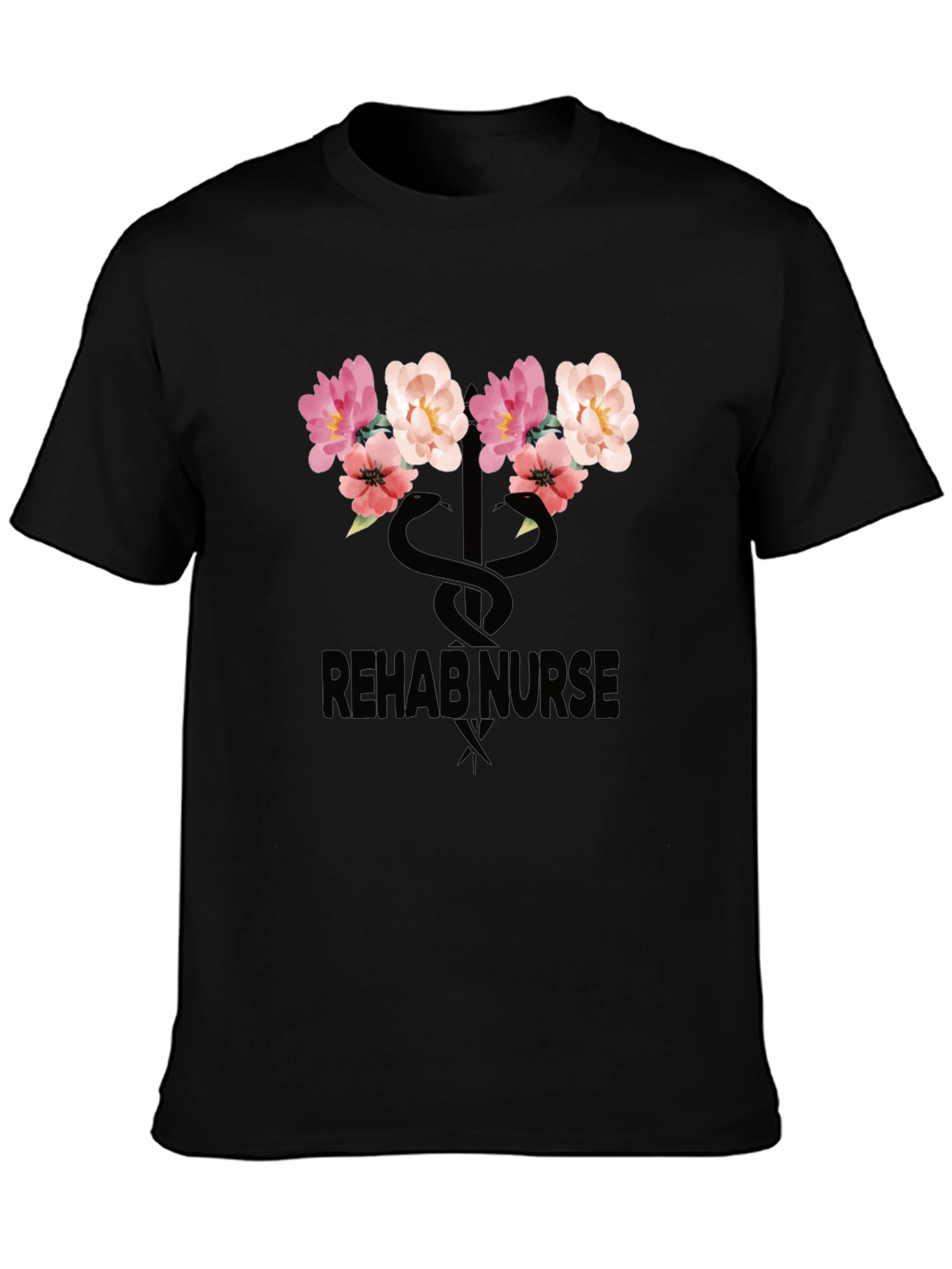 Rehab Nurse Floral Caduceus Graphic T-Shirt