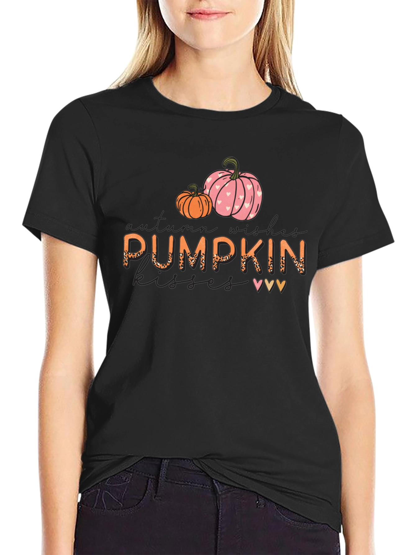 Pumpkin Kisses Autumn Wishes Black Graphic Tee