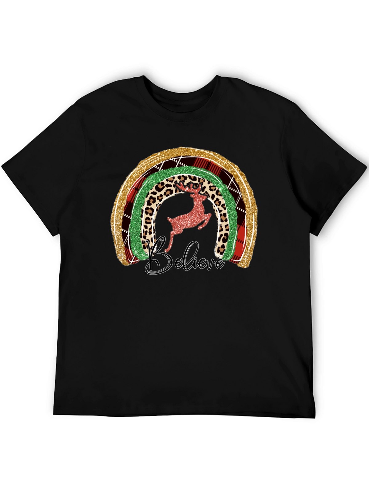 Festive Rainbow Reindeer Believe Graphic Tee