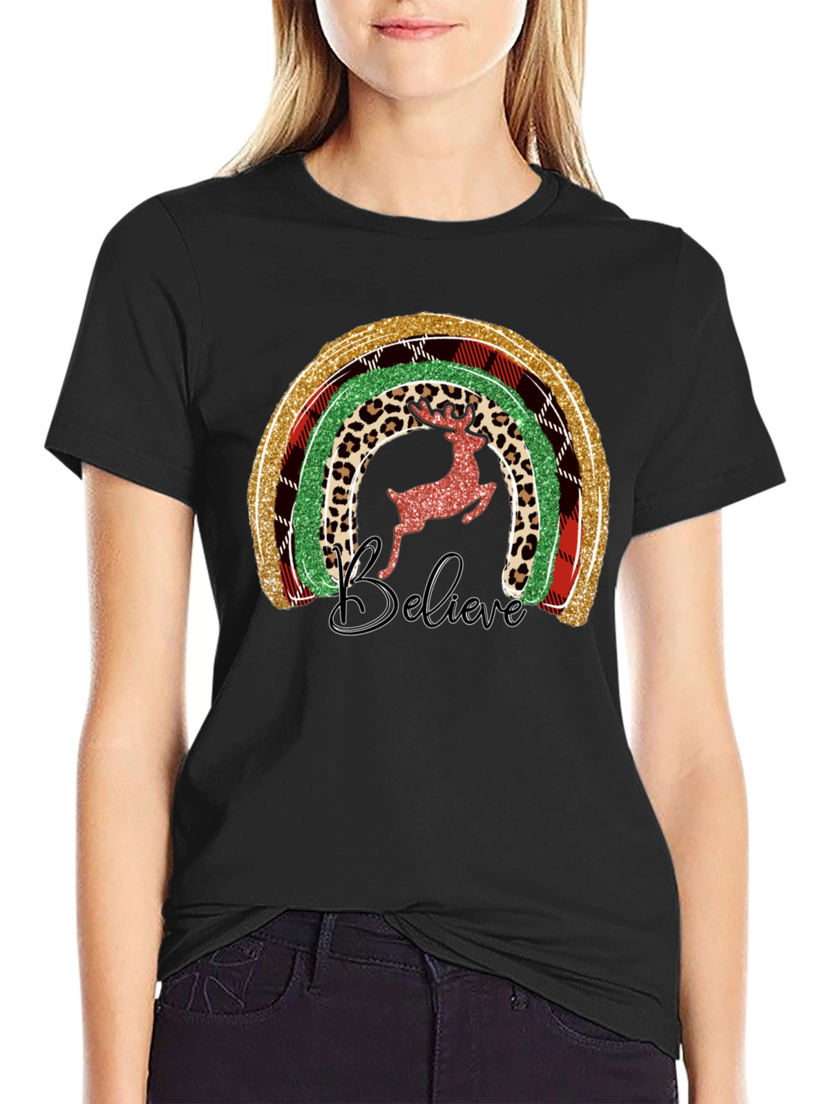 Festive Rainbow Reindeer Believe Graphic Tee