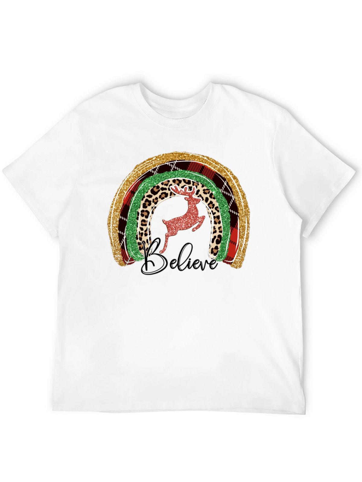 Festive Rainbow Reindeer Believe Graphic Tee