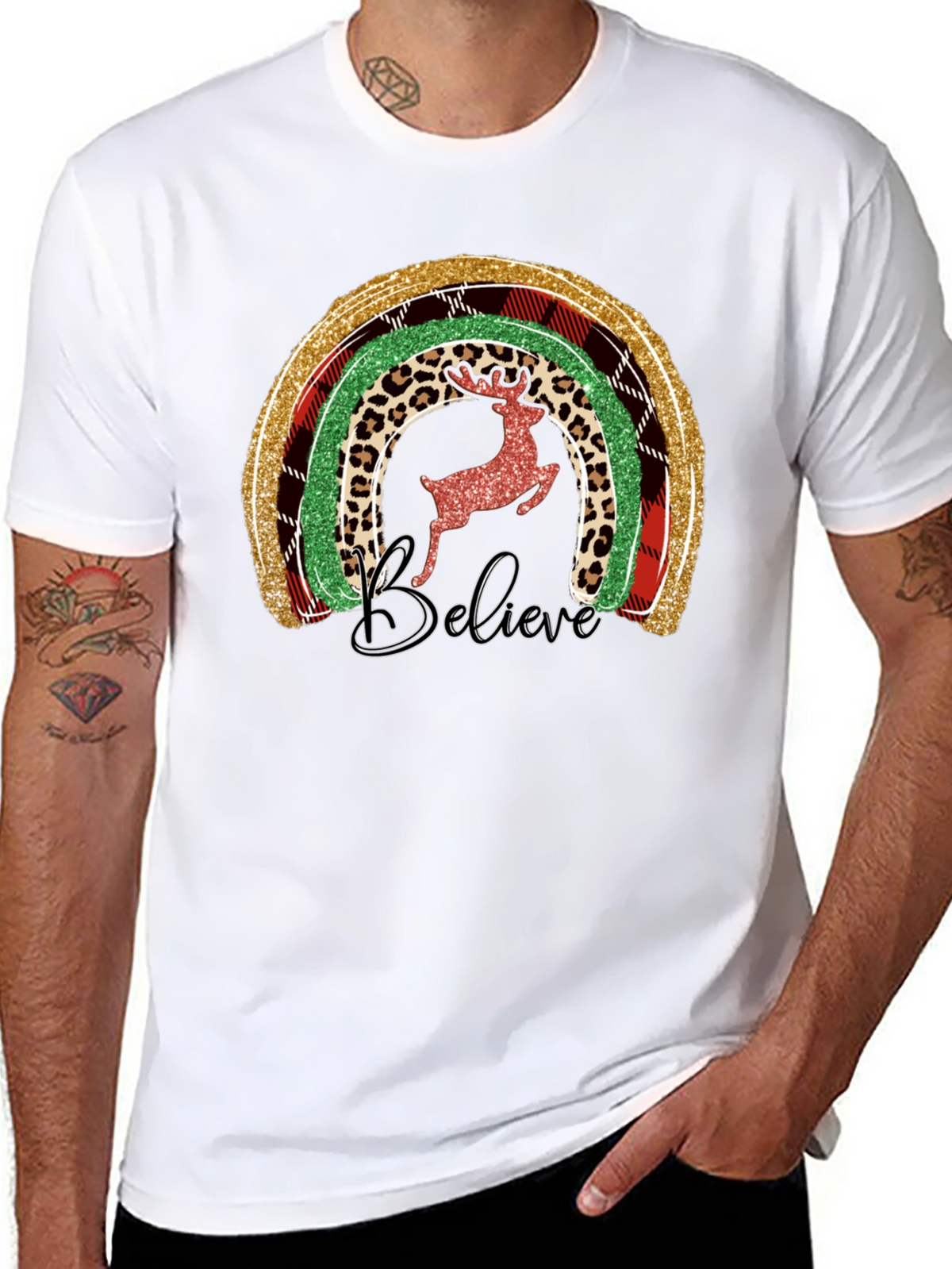 Festive Rainbow Reindeer Believe Graphic Tee