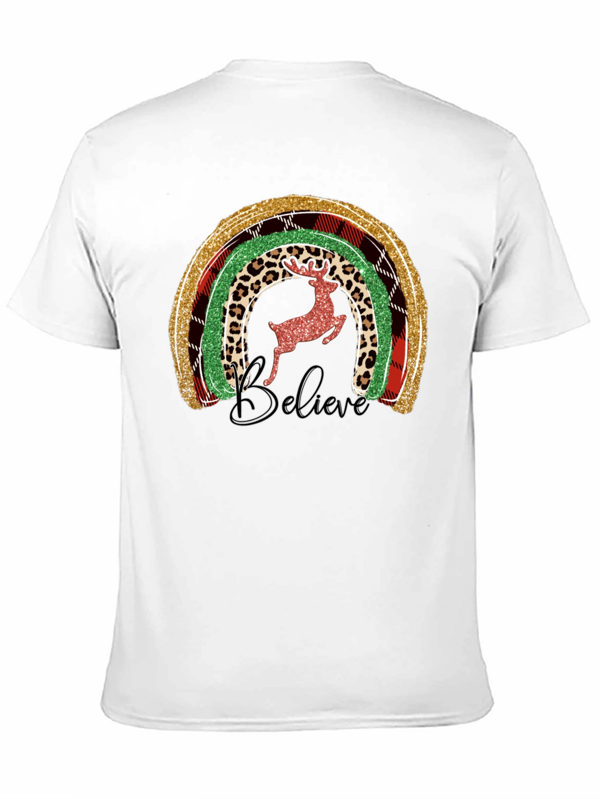 Festive Rainbow Reindeer Believe Graphic Tee