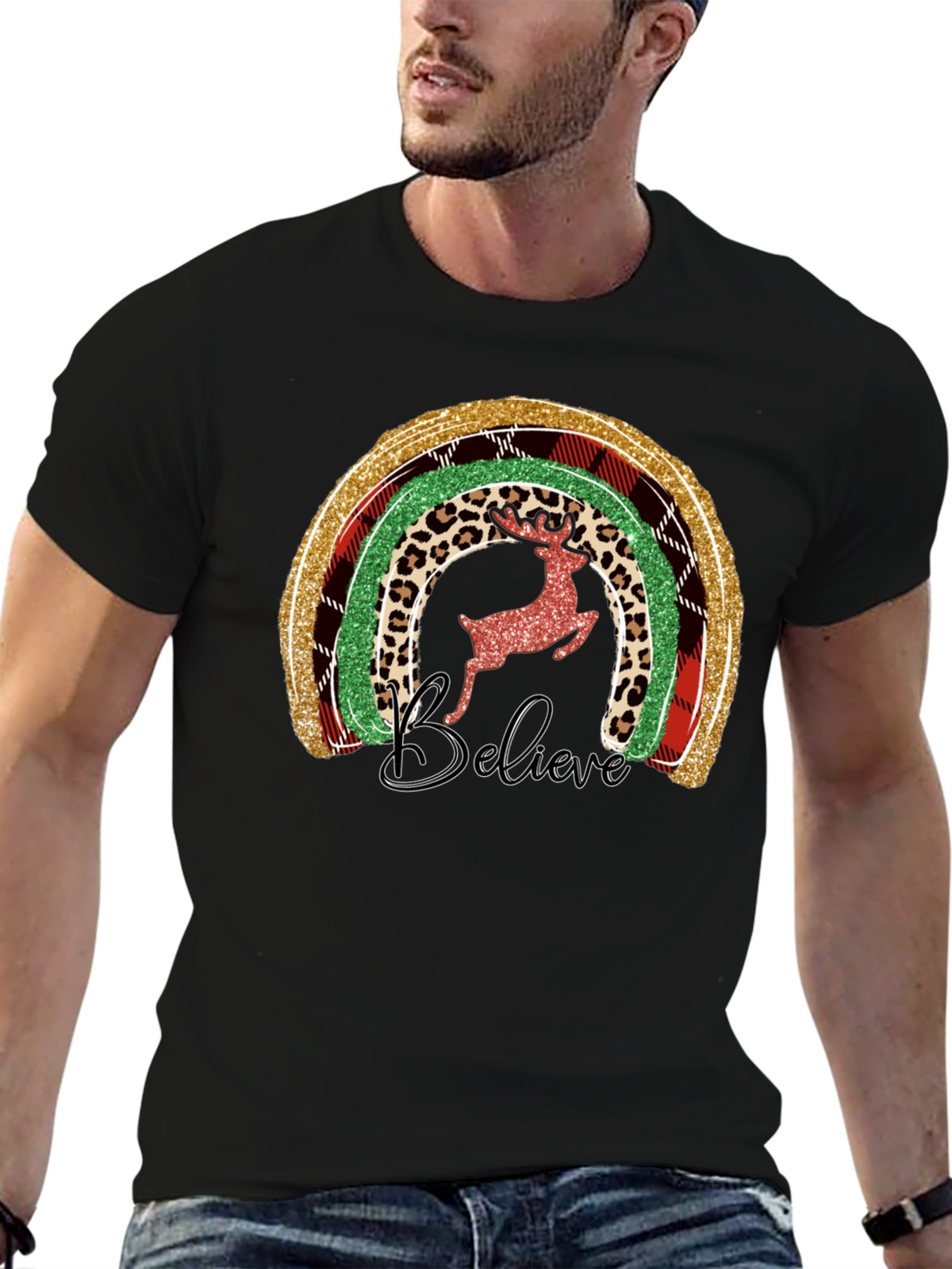 Festive Rainbow Reindeer Believe Graphic Tee