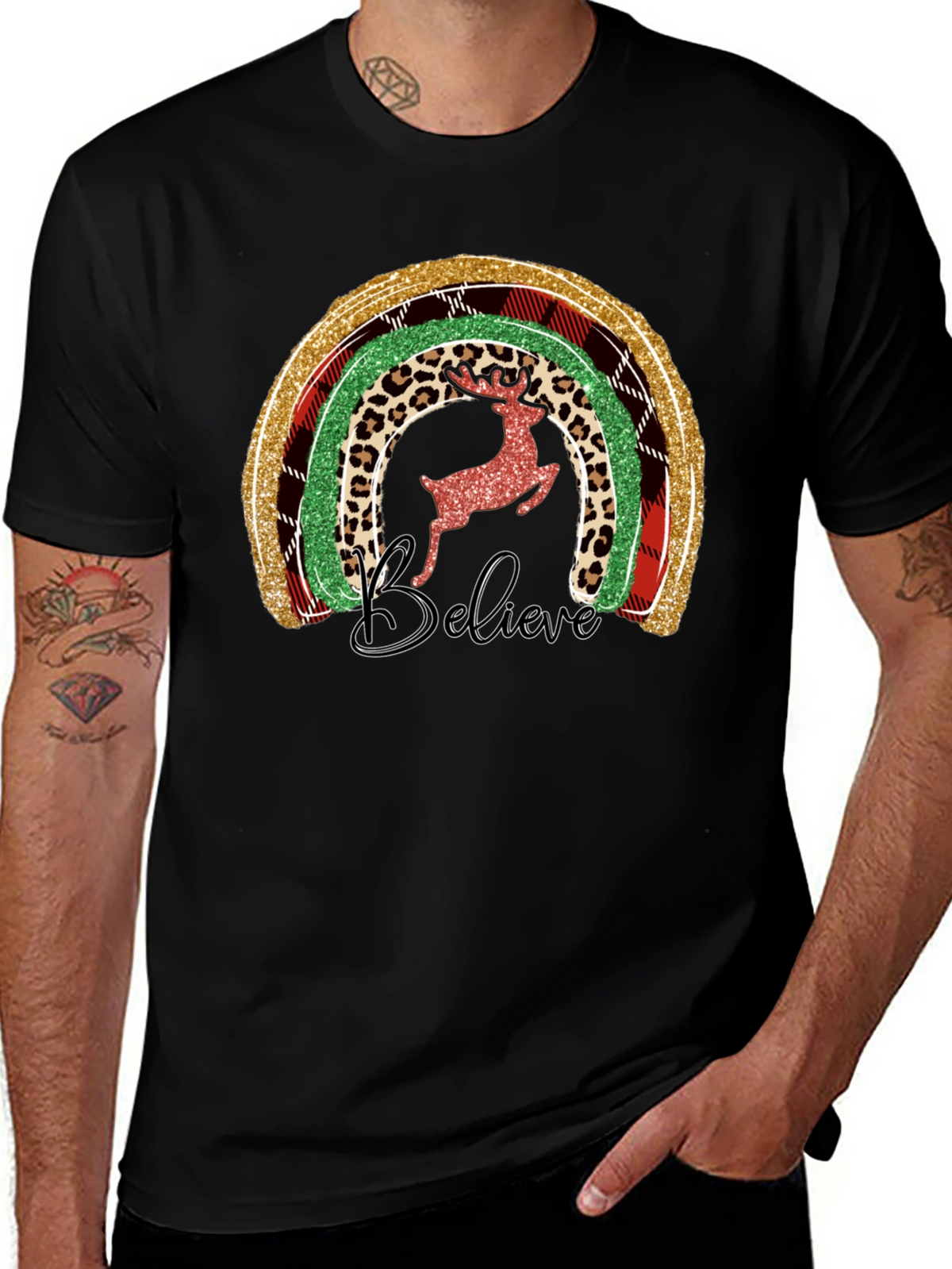 Festive Rainbow Reindeer Believe Graphic Tee