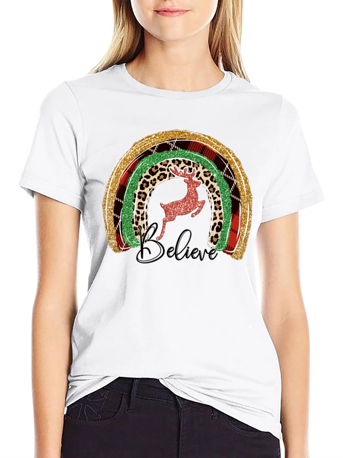 Festive Rainbow Reindeer Believe Graphic Tee
