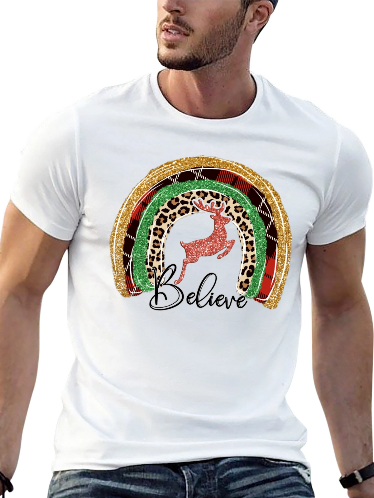 Festive Rainbow Reindeer Believe Graphic Tee
