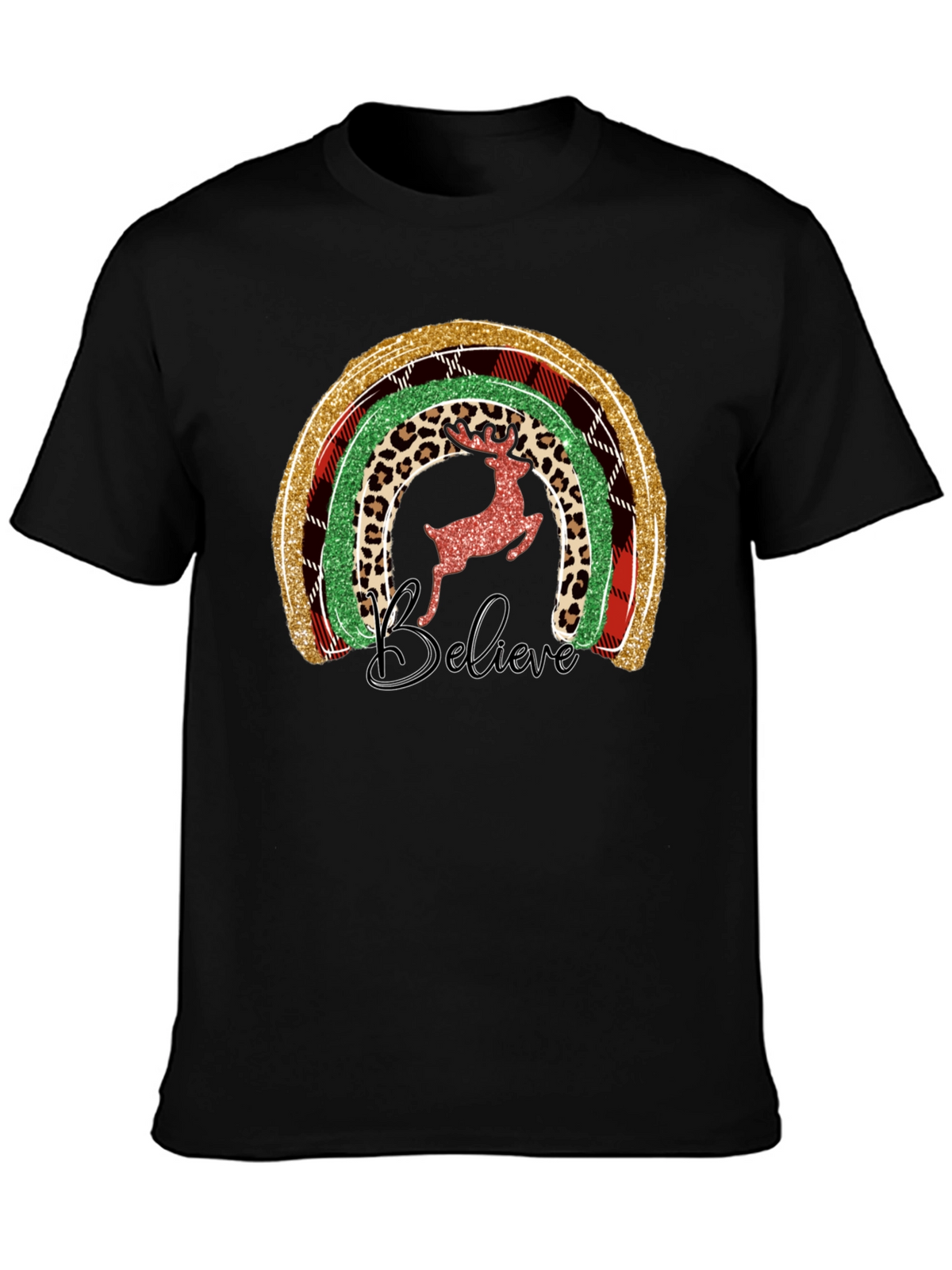 Festive Rainbow Reindeer Believe Graphic Tee