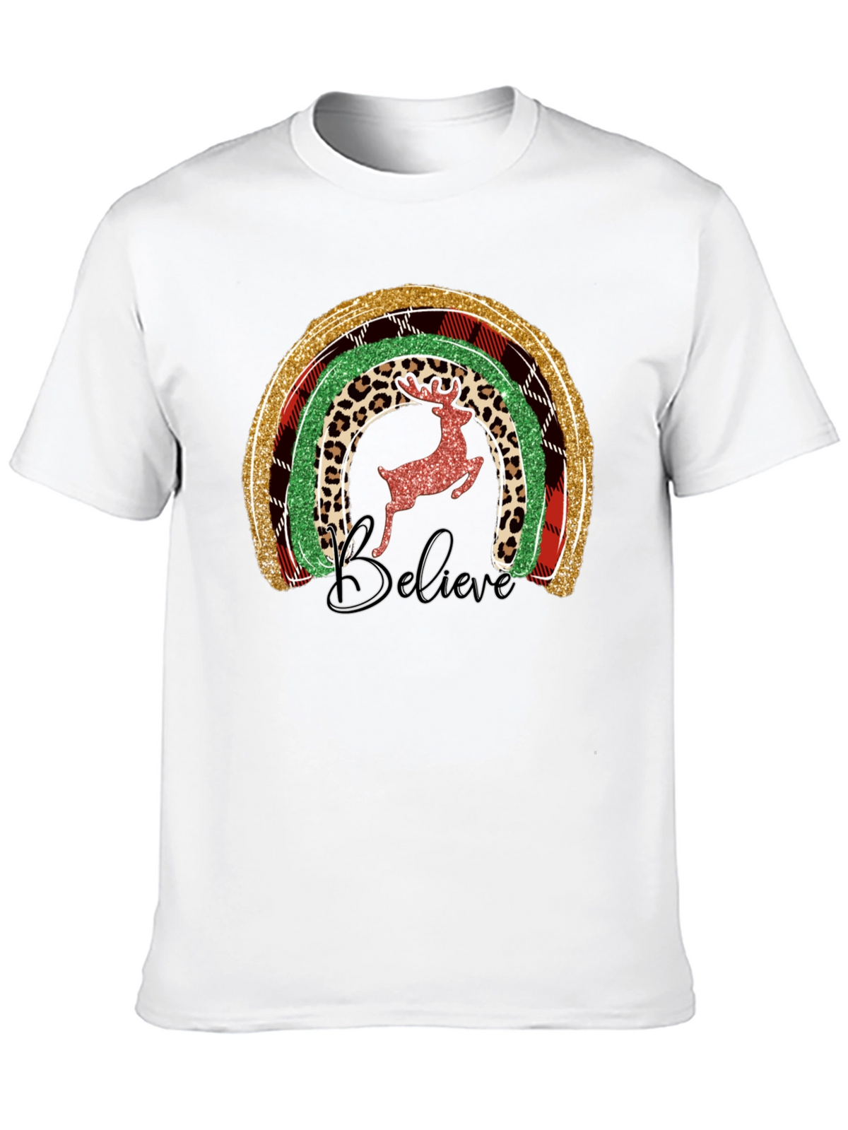 Festive Rainbow Reindeer Believe Graphic Tee
