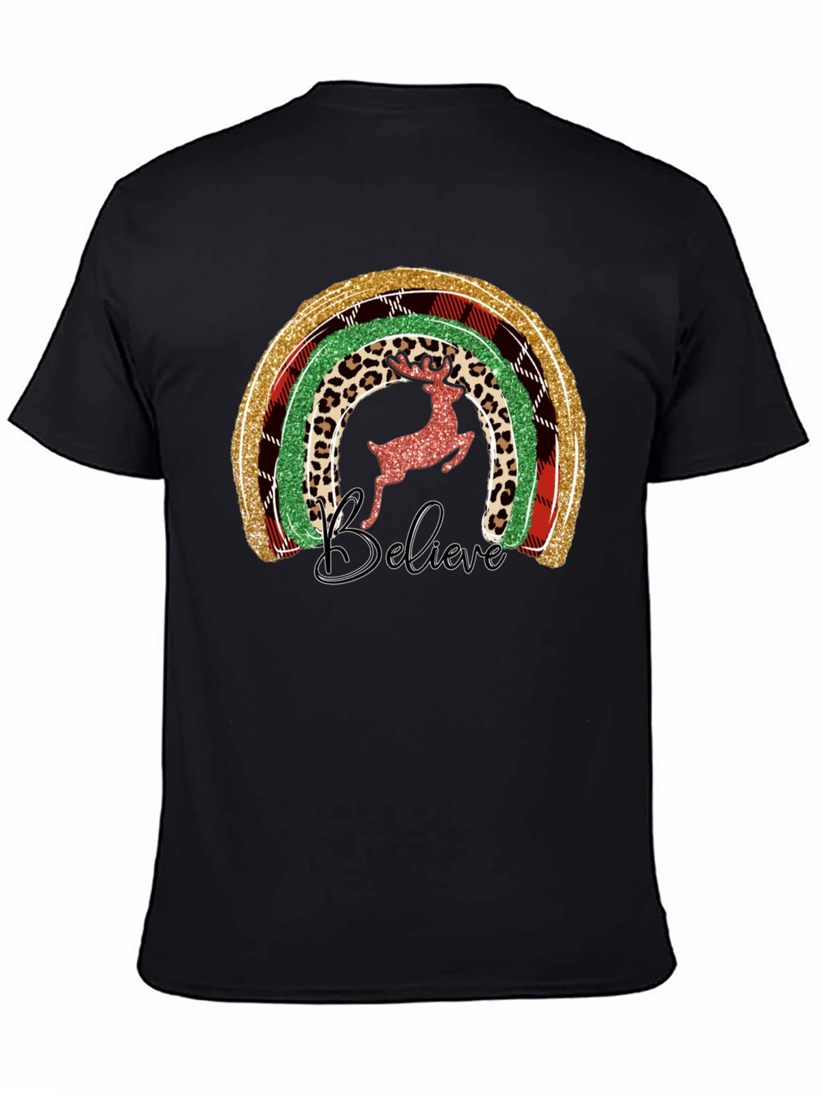 Festive Rainbow Reindeer Believe Graphic Tee