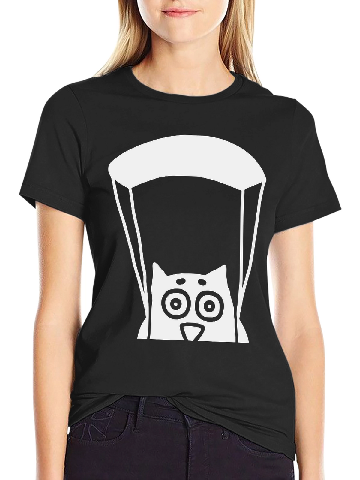 Cat Parachute Graphic Tee - Black Cotton T-Shirt