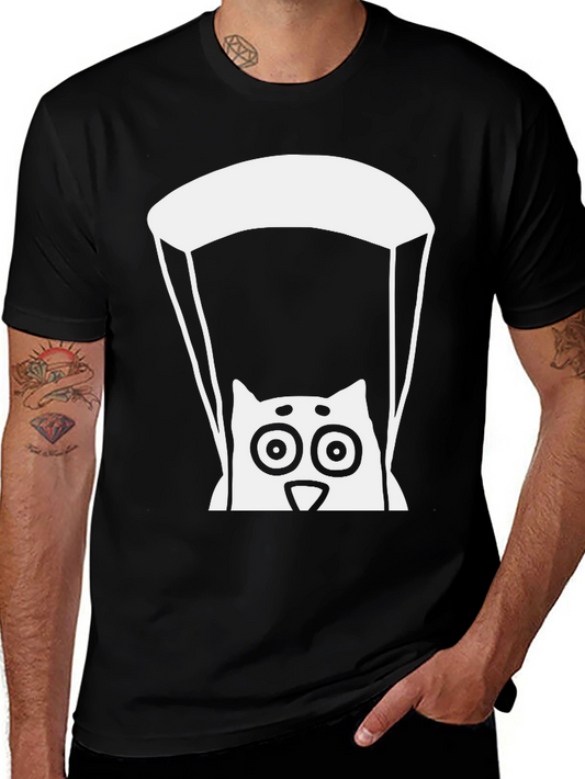 Cat Parachute Graphic Tee - Black Cotton T-Shirt