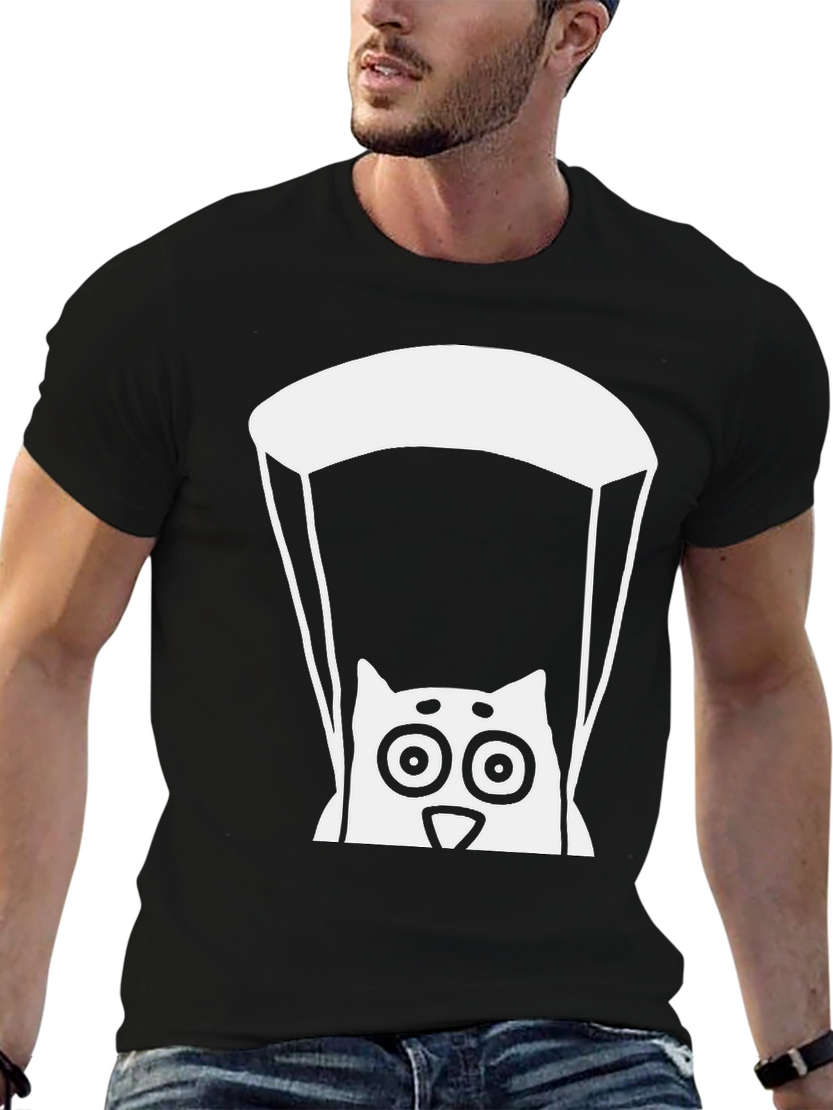 Cat Parachute Graphic Tee - Black Cotton T-Shirt