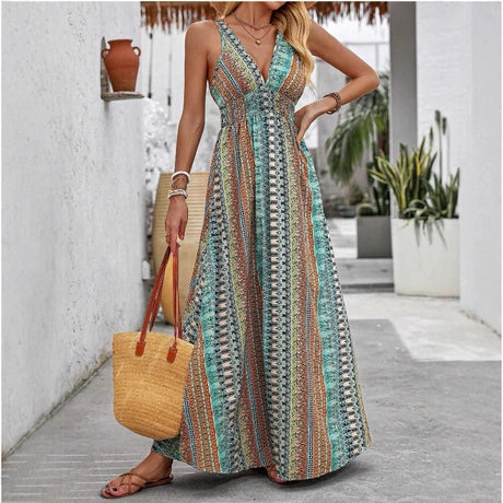 Women's Boho Vacation Printed Deep V-Neck Sleeveless Tight Waist Dress