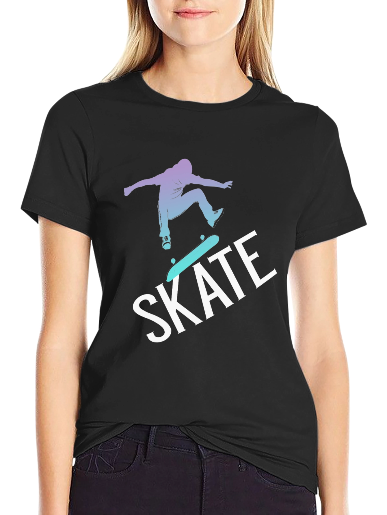 Skateboarding Graphic Tee - Black Cotton Blend T-Shirt