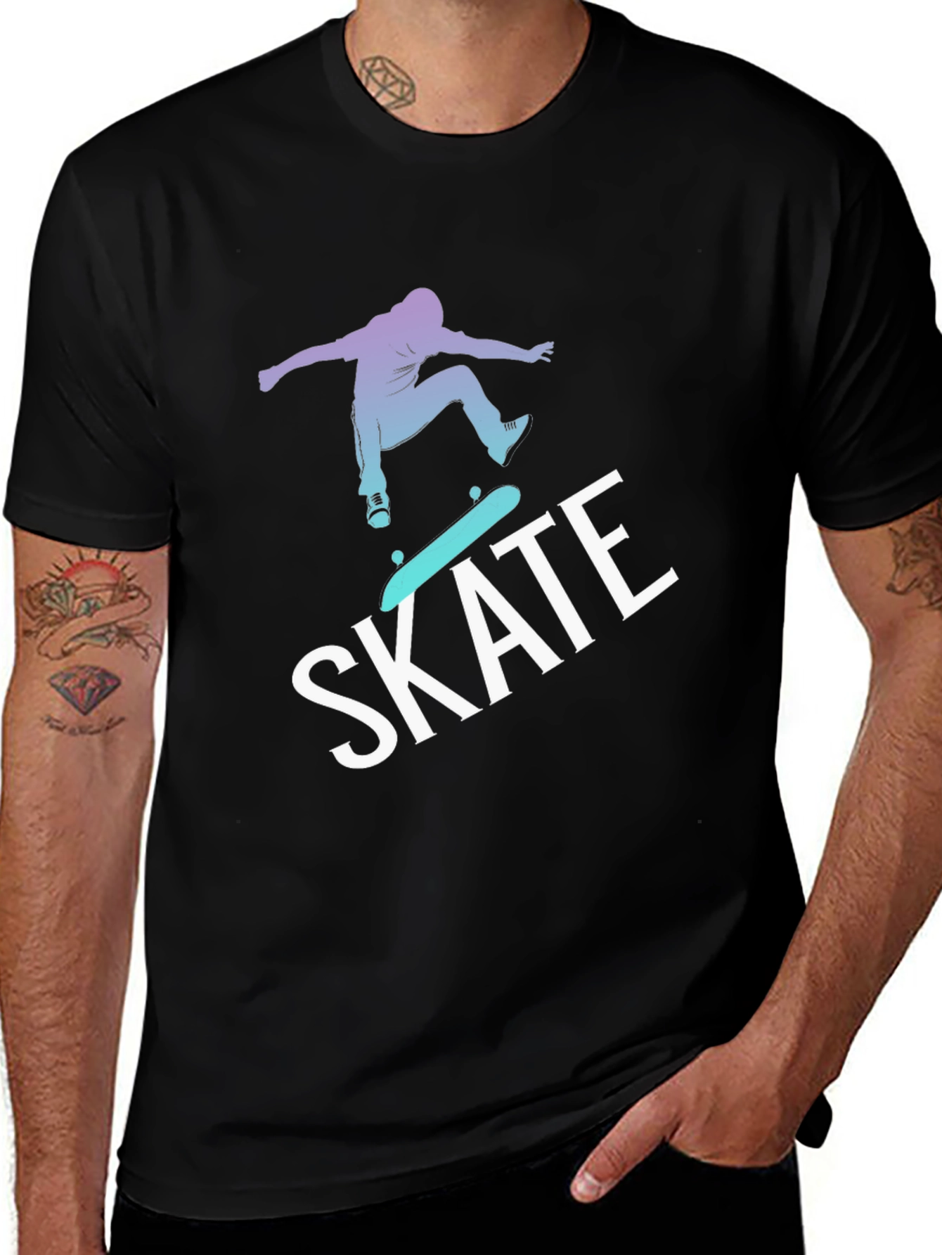 Skateboarding Graphic Tee - Black Cotton Blend T-Shirt