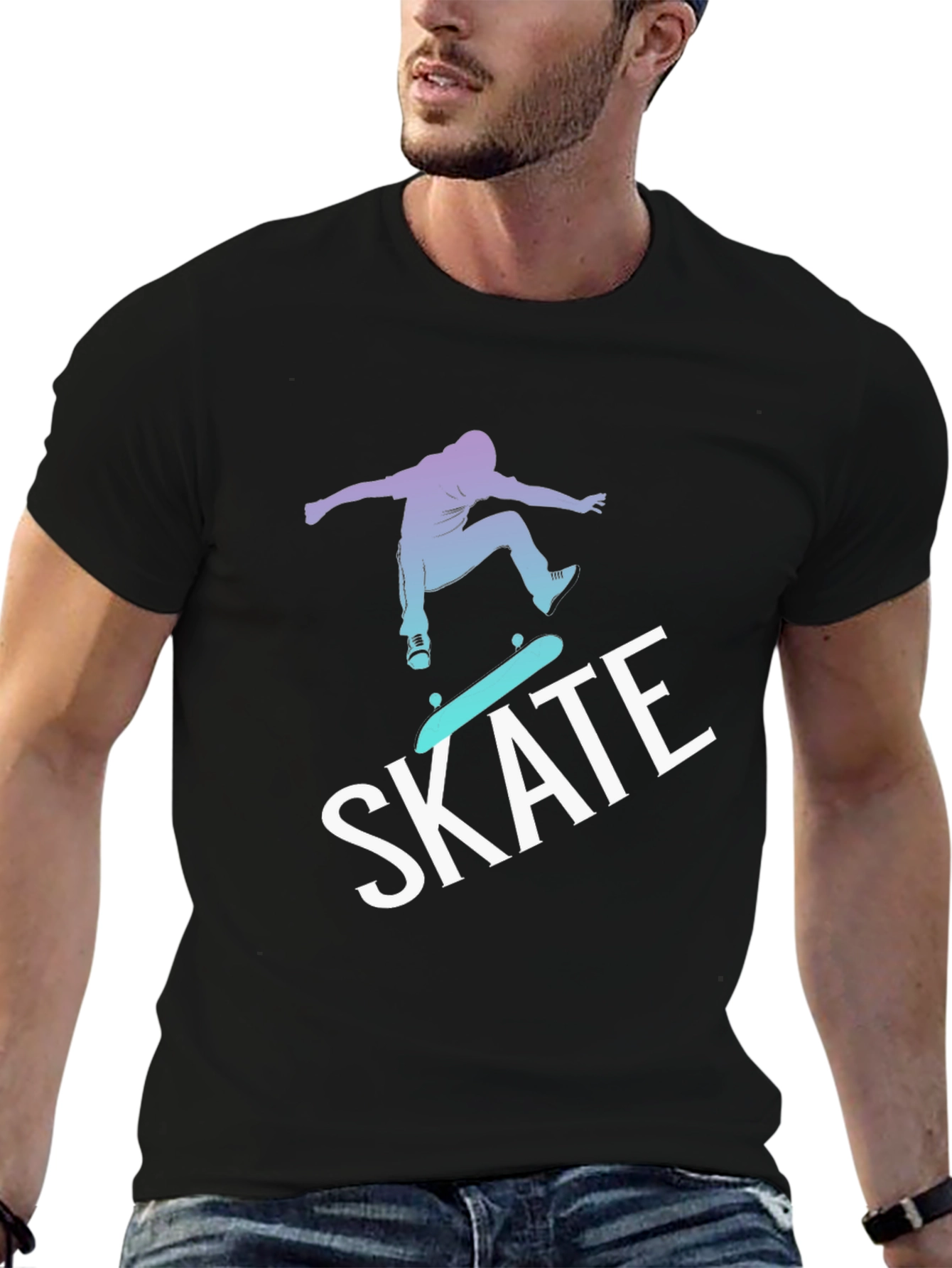 Skateboarding Graphic Tee - Black Cotton Blend T-Shirt