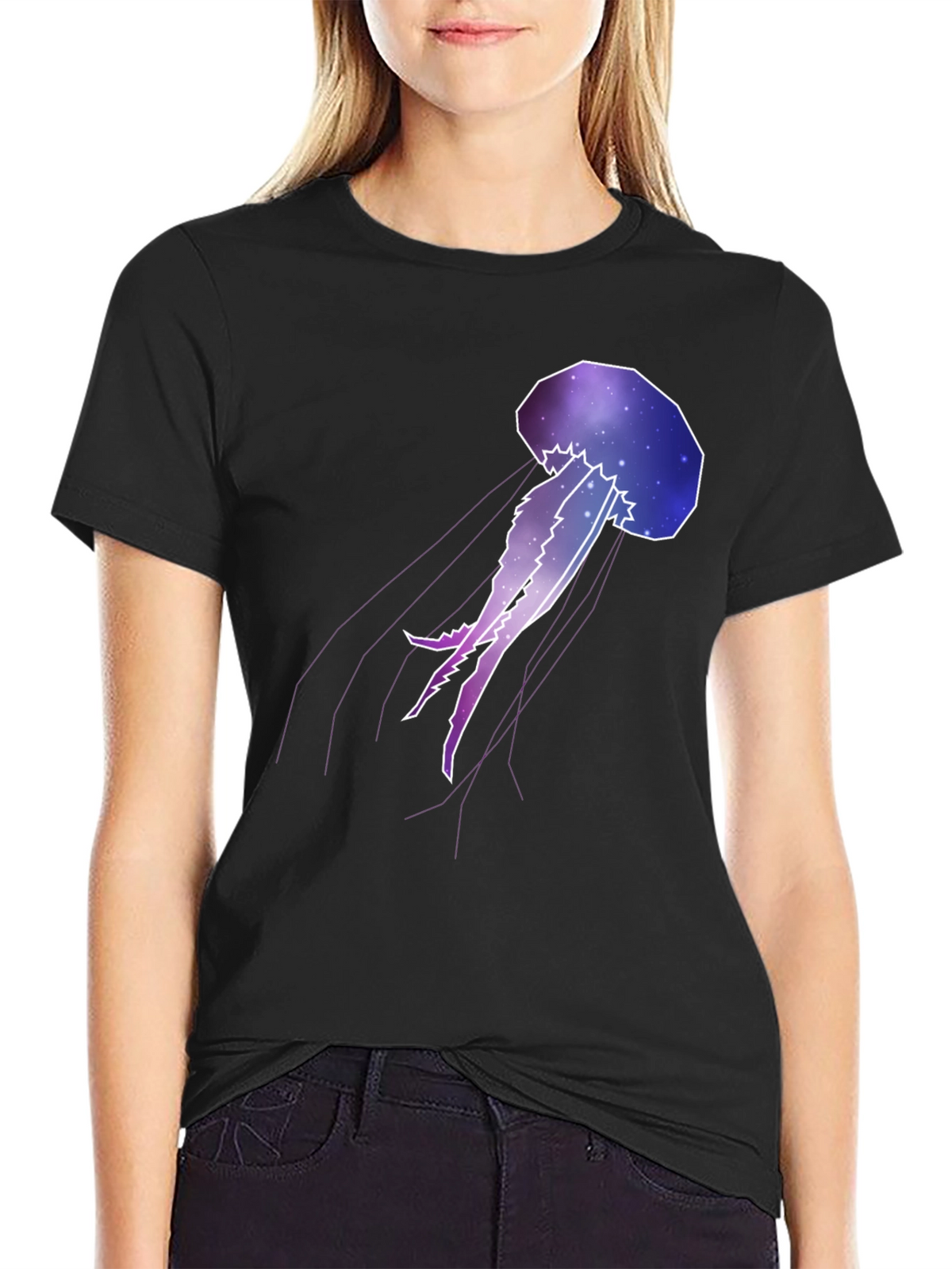 Galaxy Jellyfish Graphic Tee - Black Cotton Casual Wear