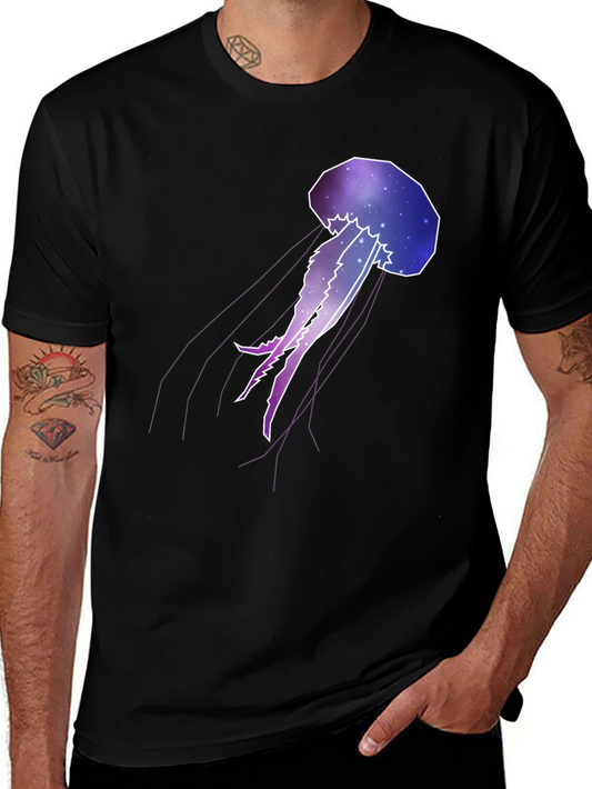Galaxy Jellyfish Graphic Tee - Black Cotton Casual Wear