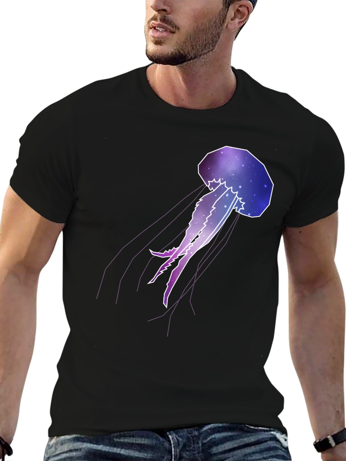 Galaxy Jellyfish Graphic Tee - Black Cotton Casual Wear