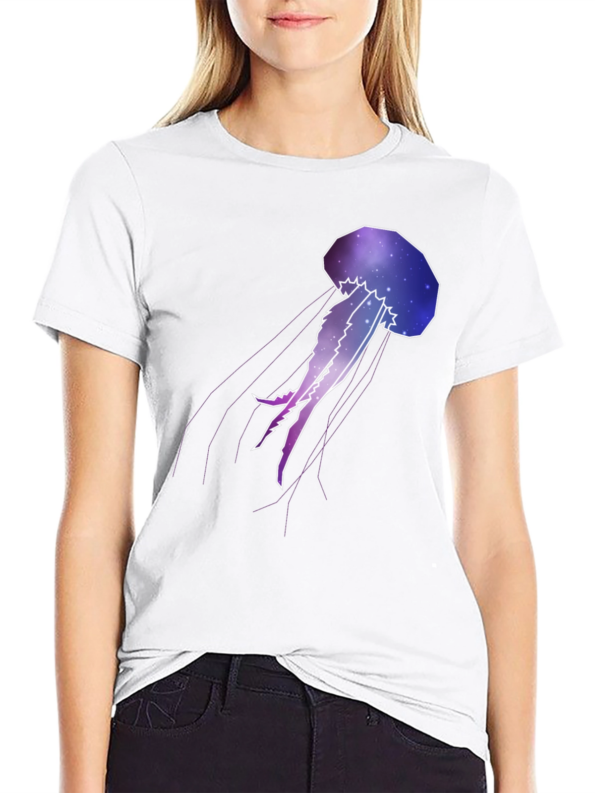 Galaxy Jellyfish Graphic Tee - Black Cotton Casual Wear
