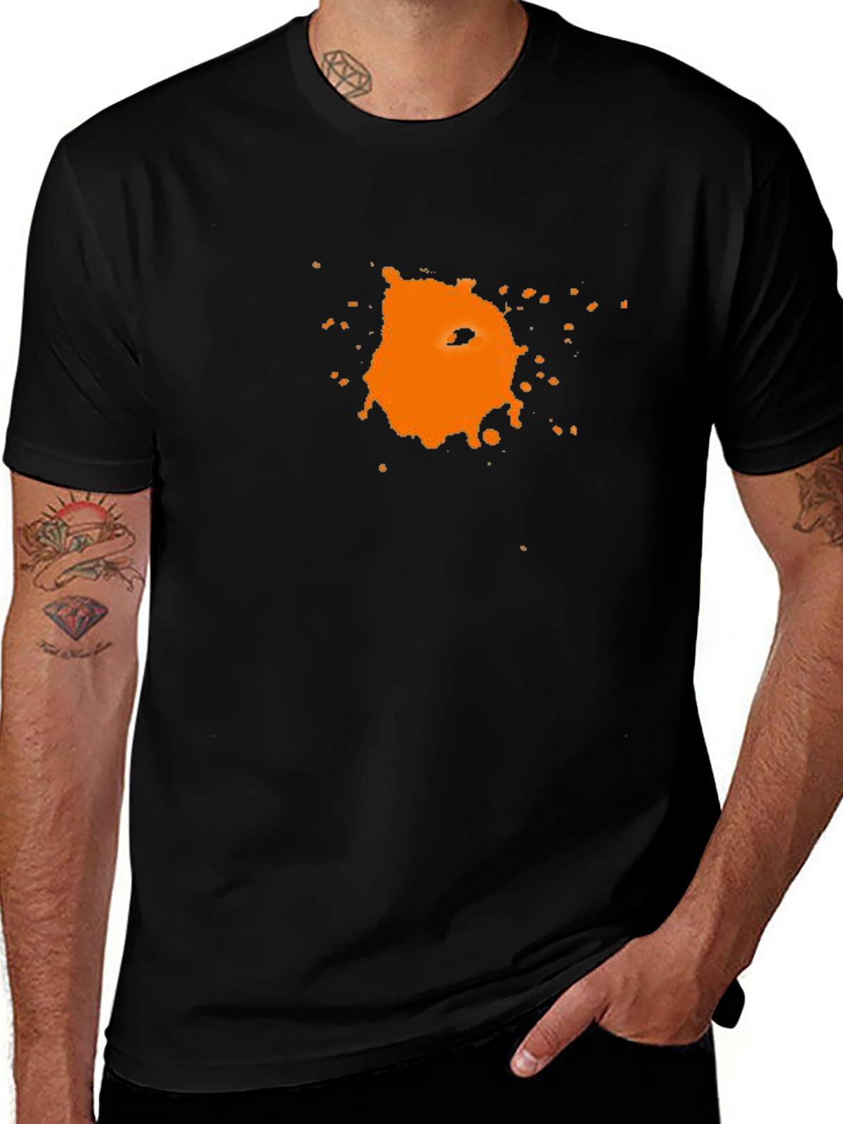 Mens Black T-Shirt with Abstract Orange Graphic Print