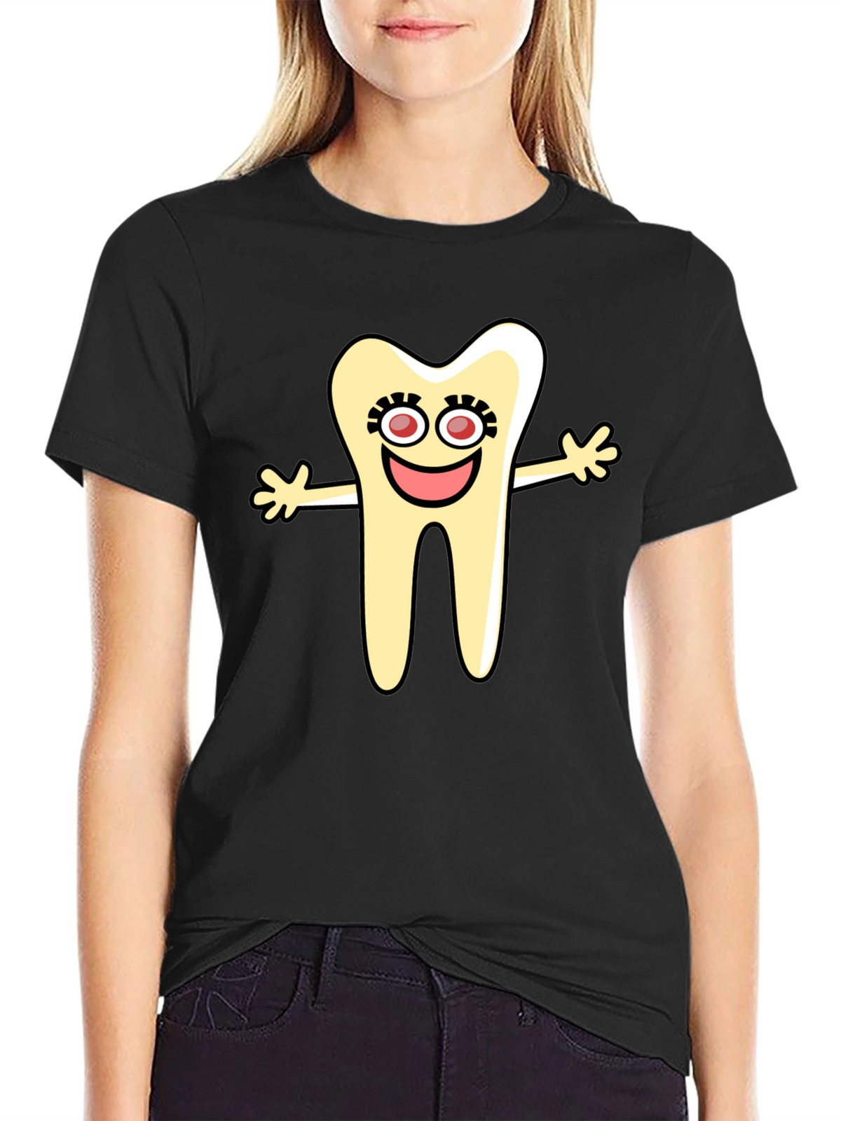 Cartoon Tooth Black T-Shirt Novelty Graphic Tee