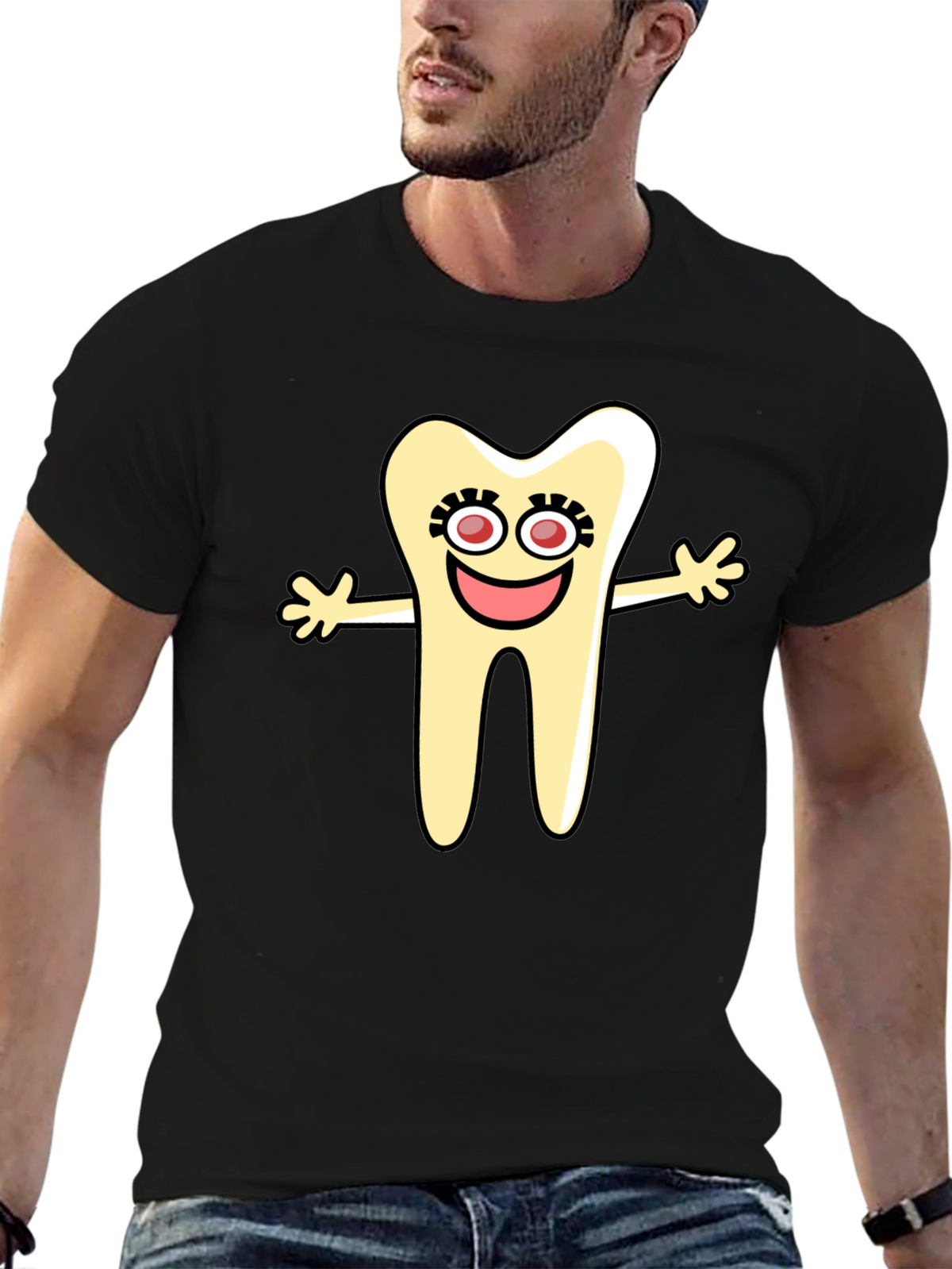 Cartoon Tooth Black T-Shirt Novelty Graphic Tee