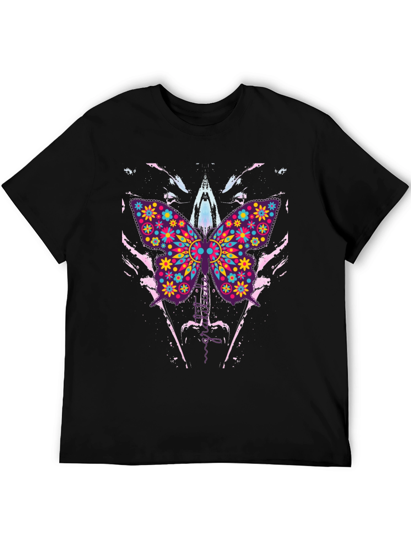 Butterfly Floral Print Mens Black T-Shirt