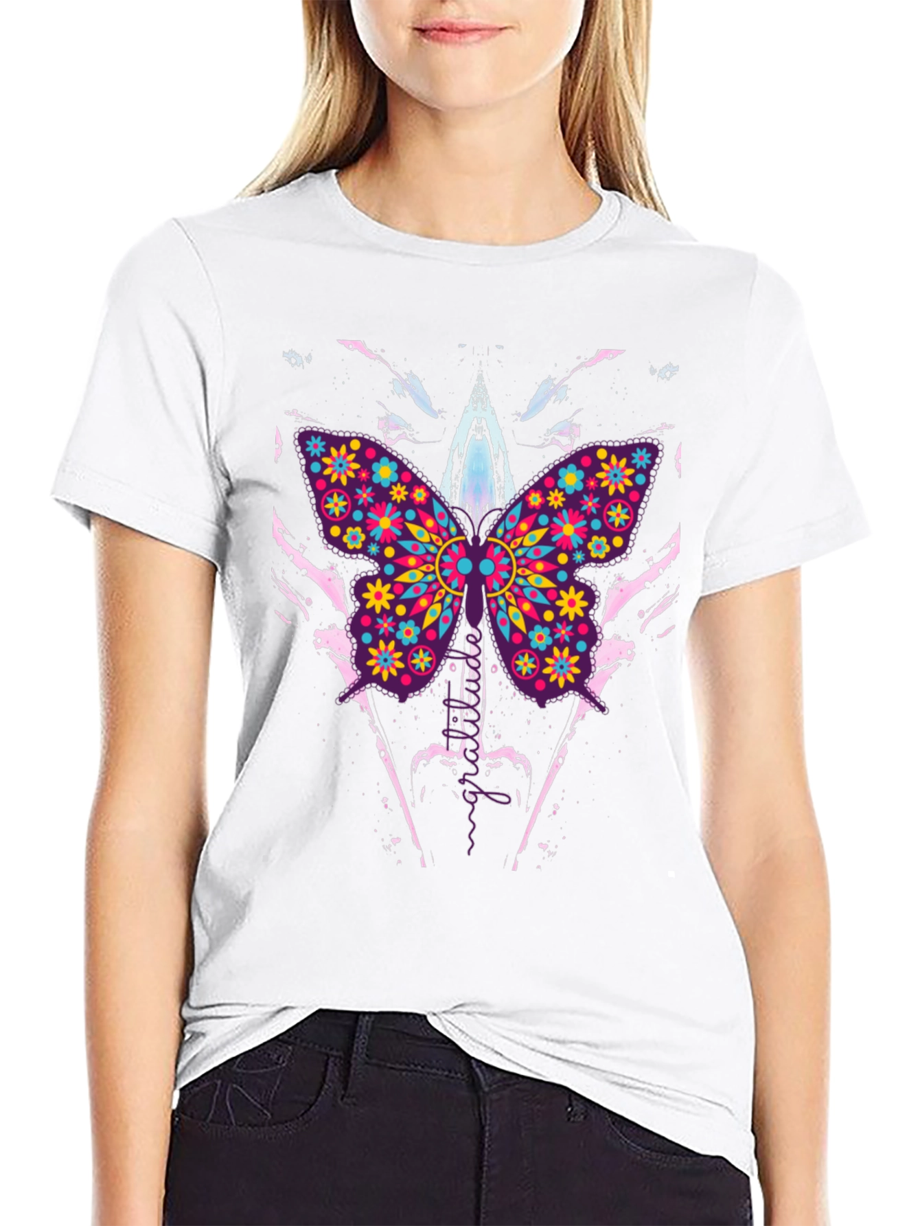 Butterfly Floral Print Mens Black T-Shirt
