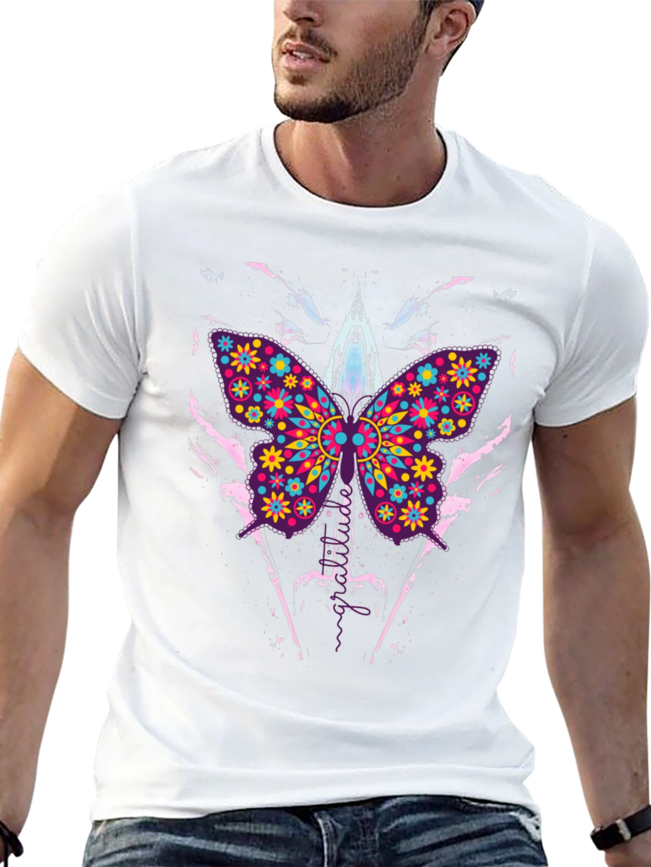 Butterfly Floral Print Mens Black T-Shirt