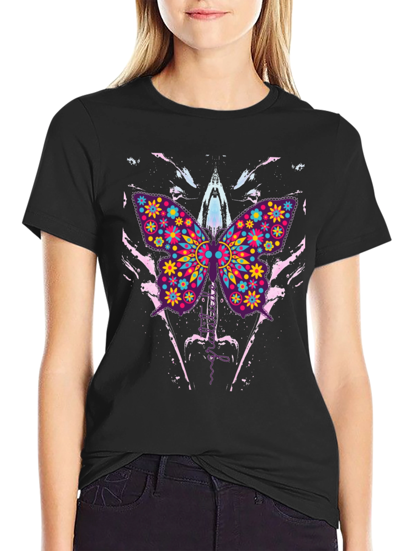 Butterfly Floral Print Mens Black T-Shirt