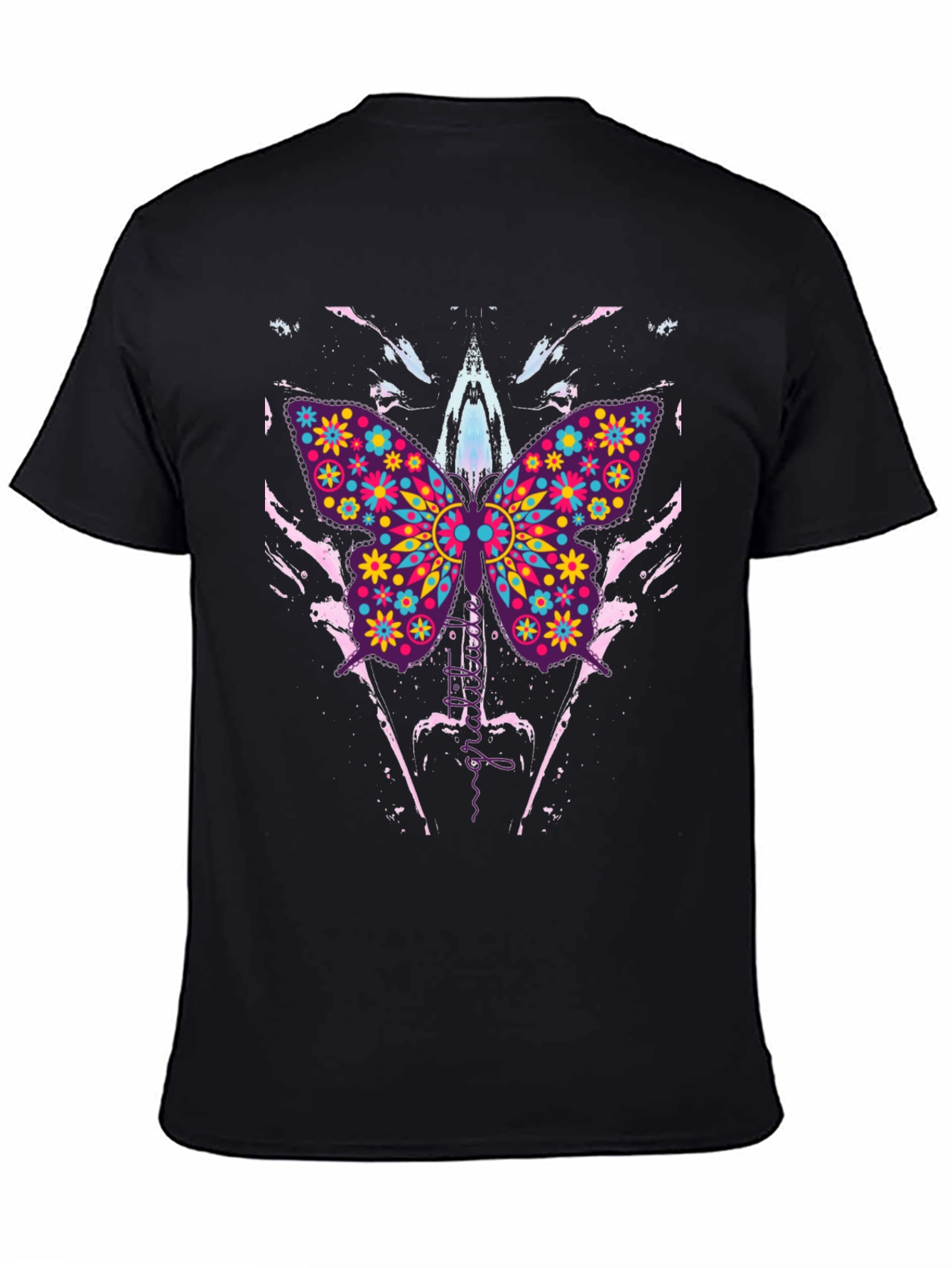 Butterfly Floral Print Mens Black T-Shirt
