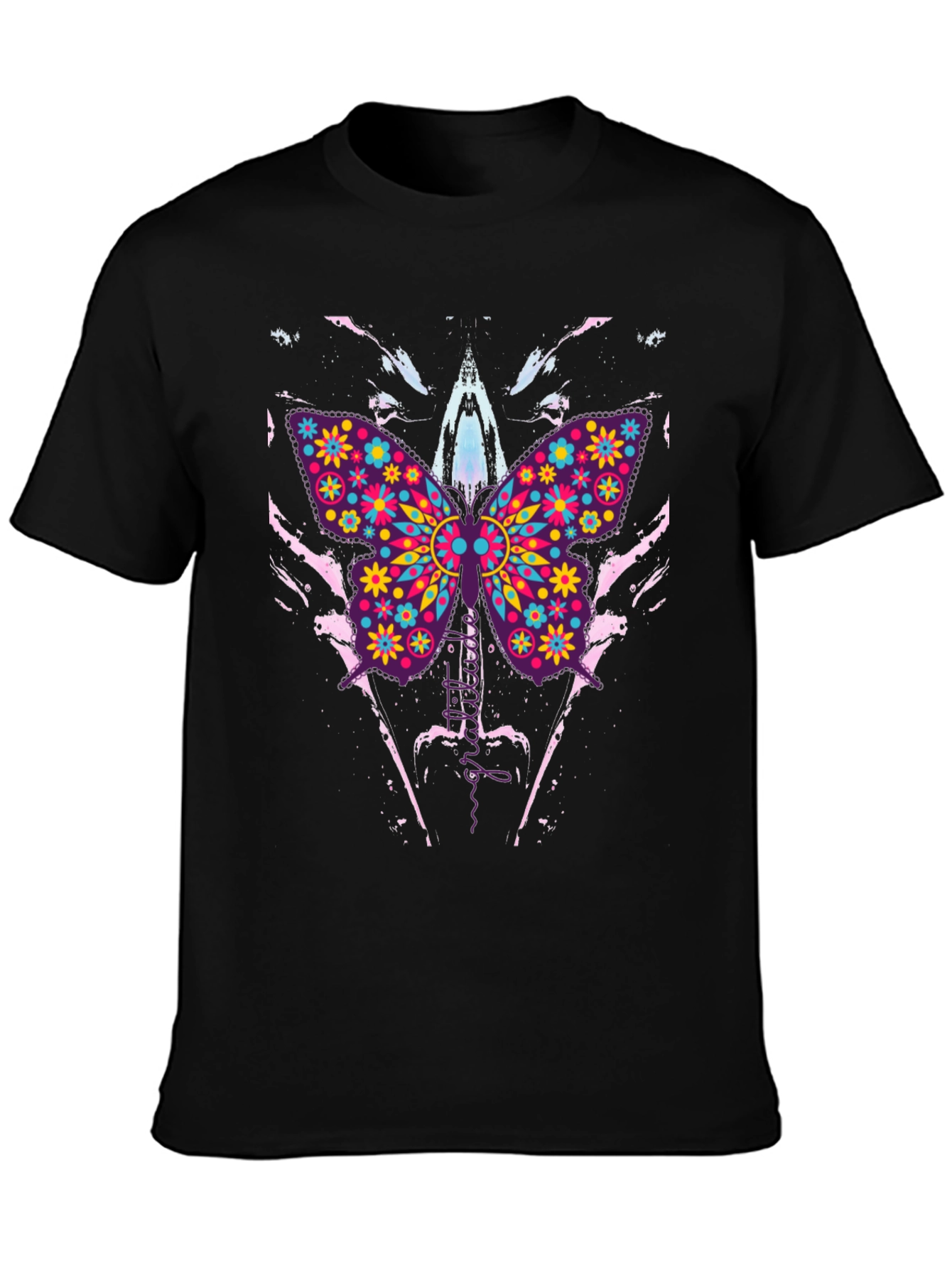 Butterfly Floral Print Mens Black T-Shirt