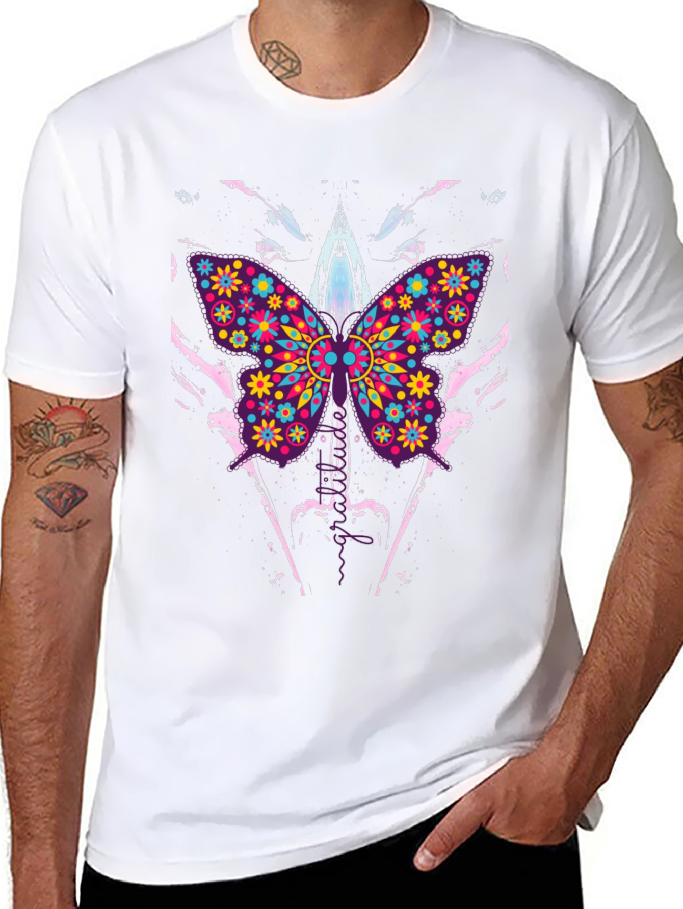 Butterfly Floral Print Mens Black T-Shirt